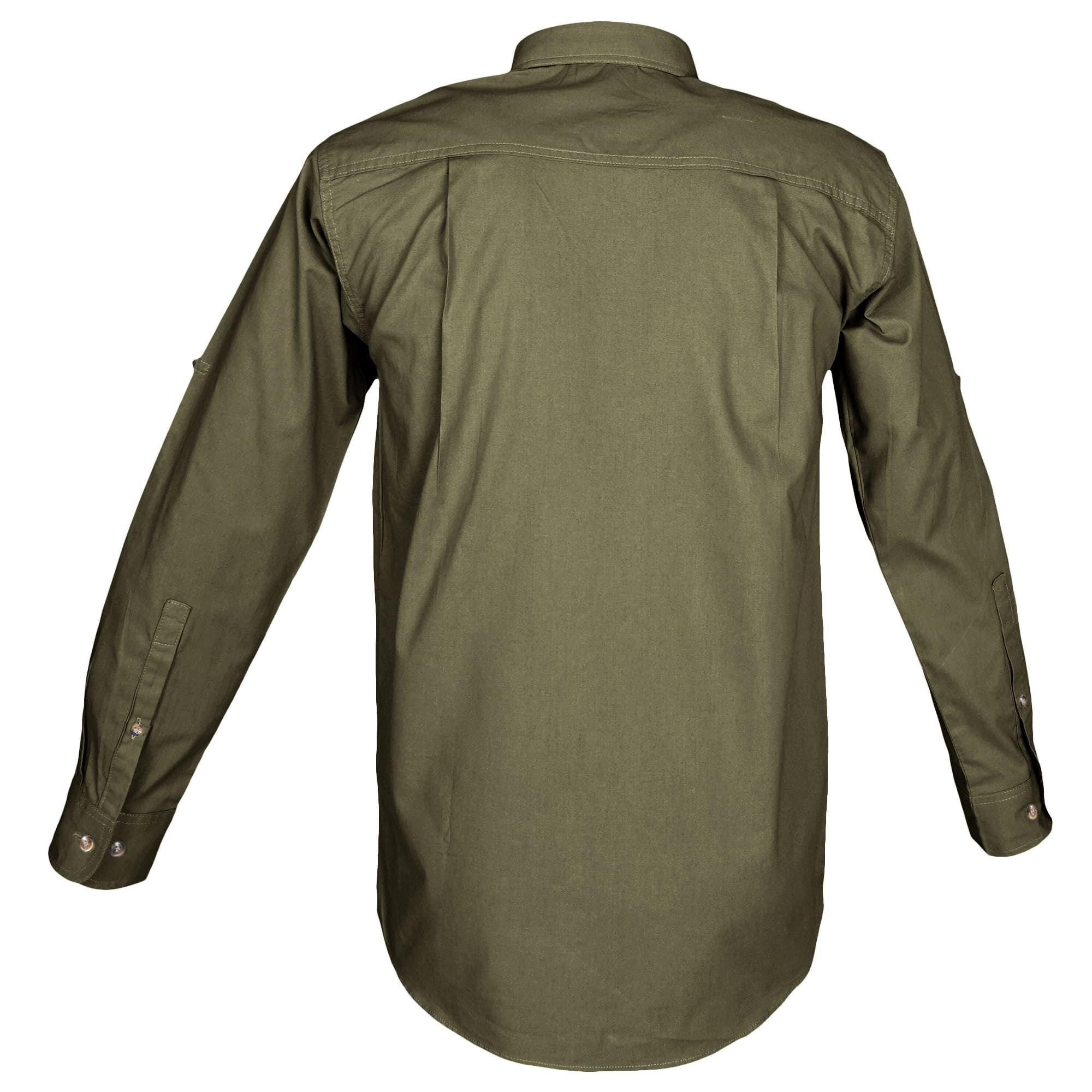Back view of a Men's Trail Shirt in Long Sleeves, color Moss. The shirt has a dual layer yoke, functional cross-stitched shoulder straps, double stitching throughout, and long rounded tails for tucking into pants. 100% cotton.--2