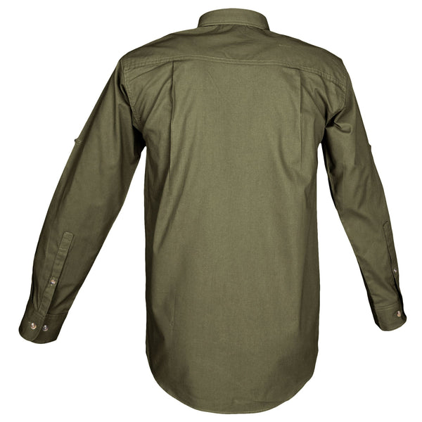 Back view of a Men's Trail Shirt in Long Sleeves, color Moss. The shirt has a dual layer yoke, functional cross-stitched shoulder straps, double stitching throughout, and long rounded tails for tucking into pants. 100% cotton.