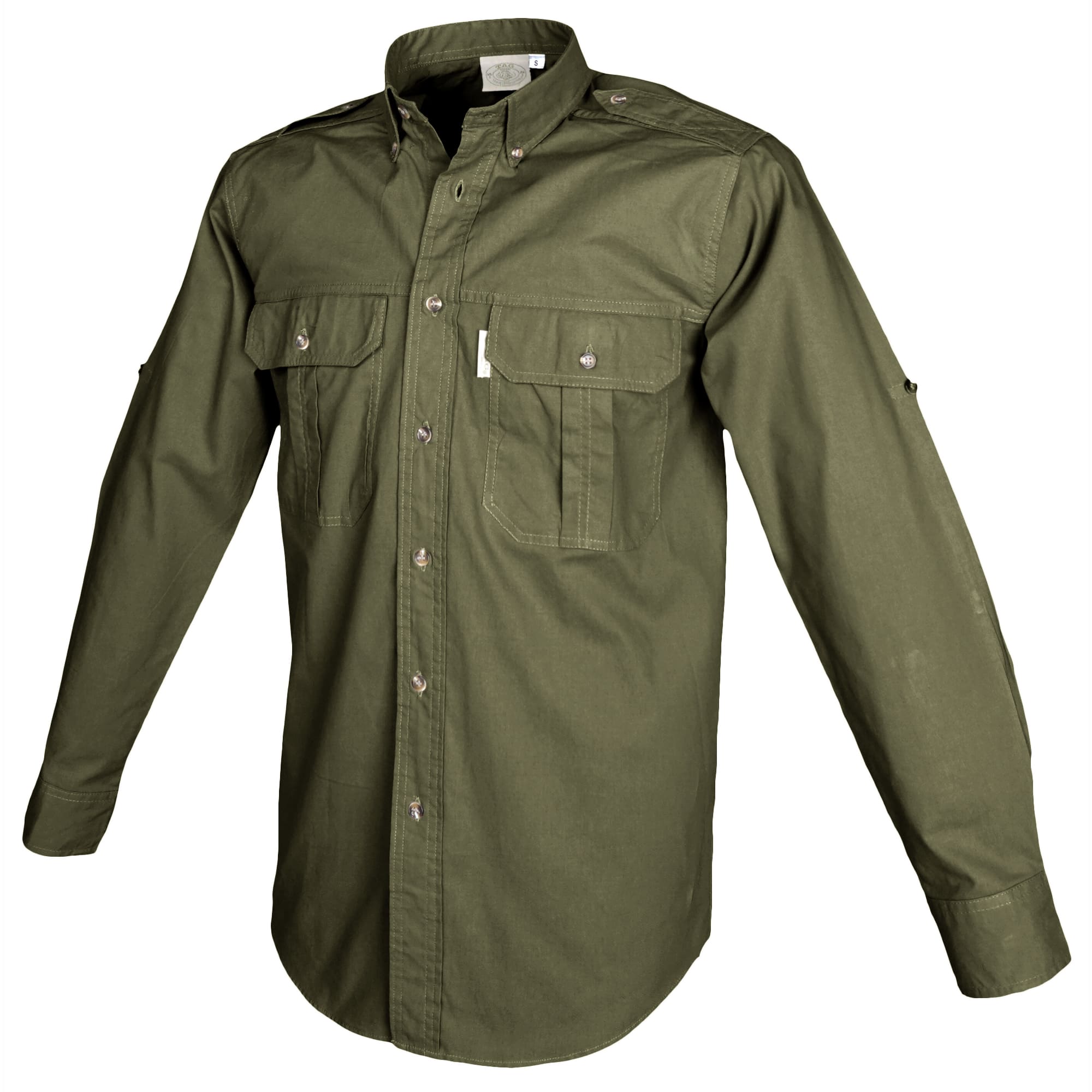 Side view of a Men's Trail Shirt in Long Sleeves, color Moss. The shirt has two flap-covered chest pockets, button-down collars, functional cross-stitched shoulder straps, a button-front placket, double stitching throughout, and long rounded tails for tucking into pants. 100% cotton.--3