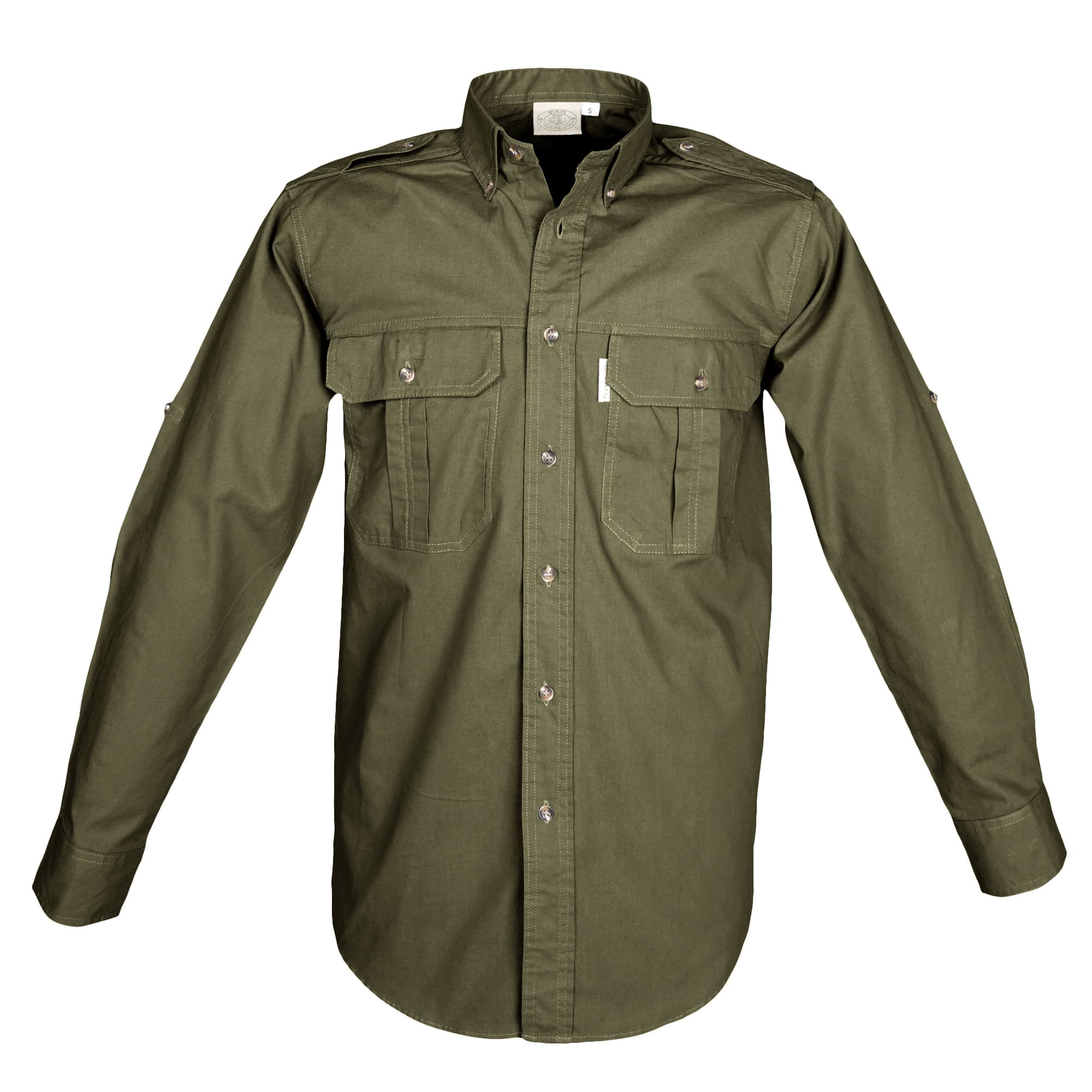 Front view of a Men's Trail Shirt in Long Sleeves, color Moss. The shirt has two flap-covered chest pockets, button-down collars, functional cross-stitched shoulder straps, a button-front placket, double stitching throughout, and long rounded tails for tucking into pants. 100% cotton.--1