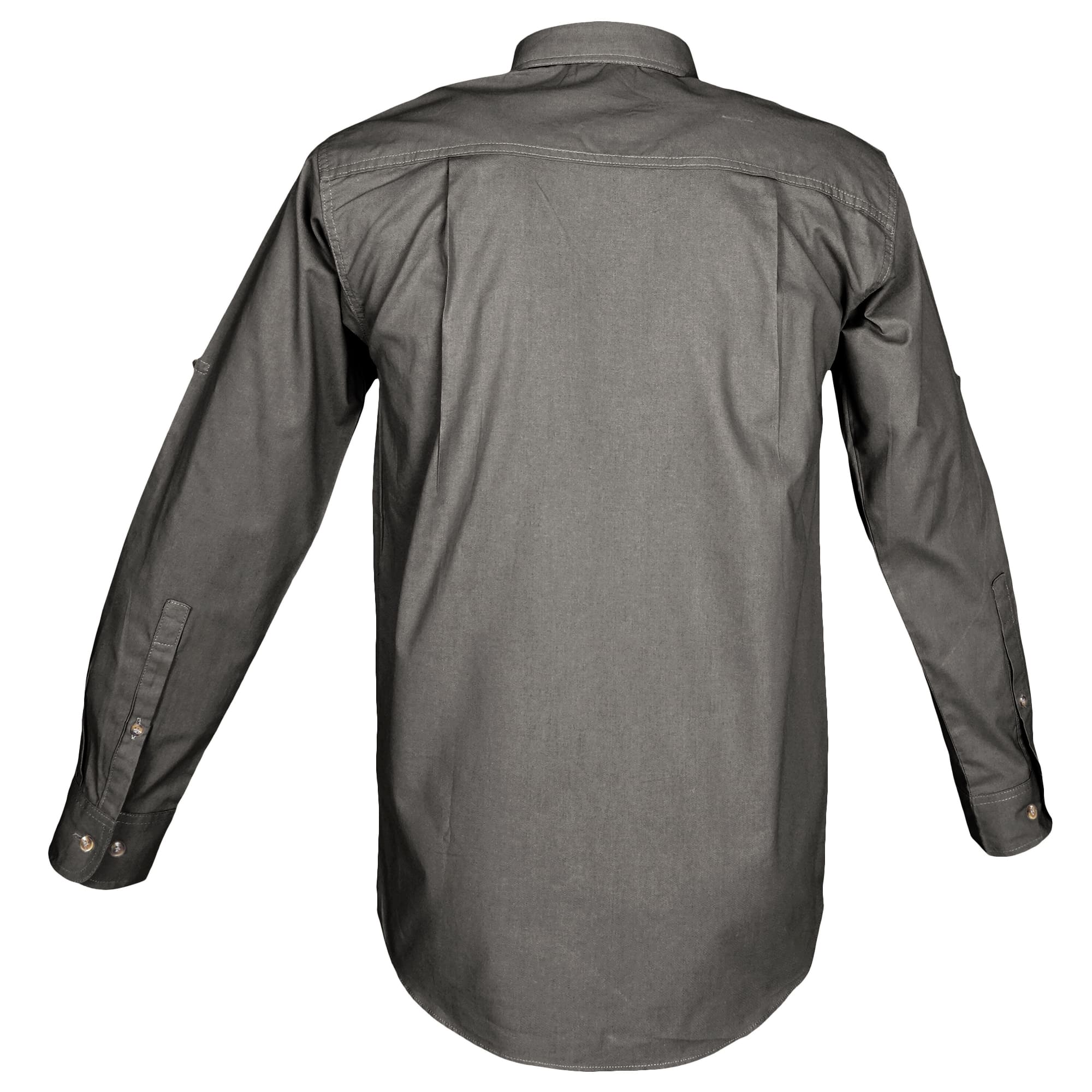 Back view of a Men's Trail Shirt in Long Sleeves, color Olive. The shirt has a dual layer yoke, functional cross-stitched shoulder straps, double stitching throughout, and long rounded tails for tucking into pants. 100% cotton.--11