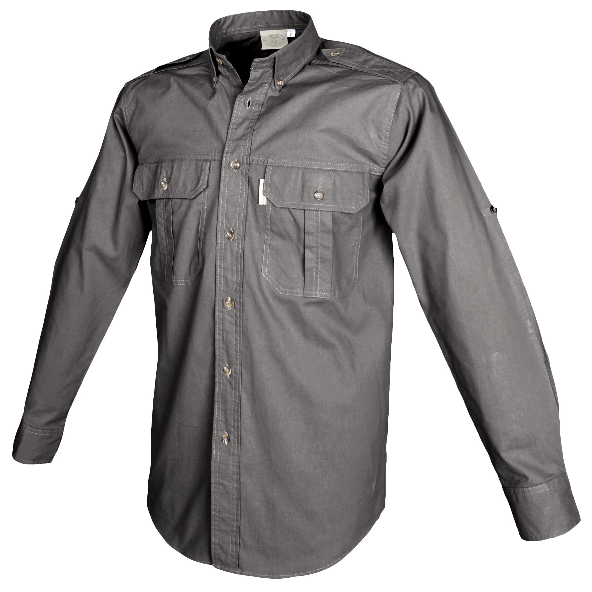 Side view of a Men's Trail Shirt in Long Sleeves, color Olive. The shirt has two flap-covered chest pockets, button-down collars, functional cross-stitched shoulder straps, a button-front placket, double stitching throughout, and long rounded tails for tucking into pants. 100% cotton.--12