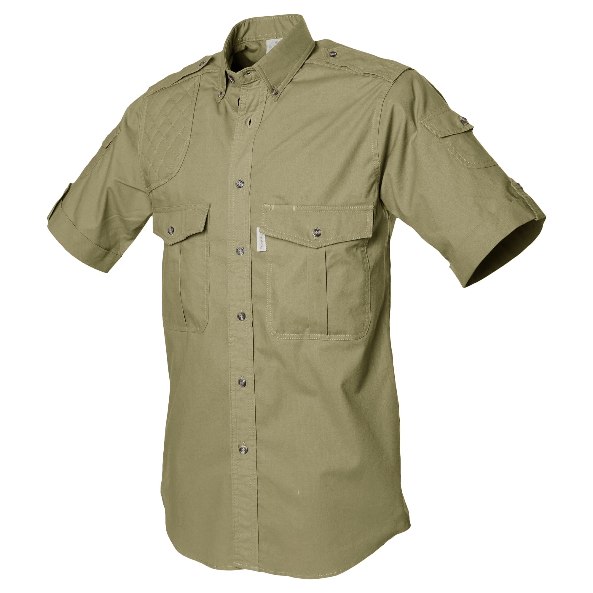 Side view of a Men's Shooter Shirt in Short Sleeves, color Khaki. The shirt has a quilted shooting pad at the right shoulder, ammo pockets on the sleeves, two flap-covered chest pockets, button-down collars, functional cross-stitched shoulder straps, a button-front placket, double stitching throughout, and long rounded tails for tucking into pants. 100% cotton.--3