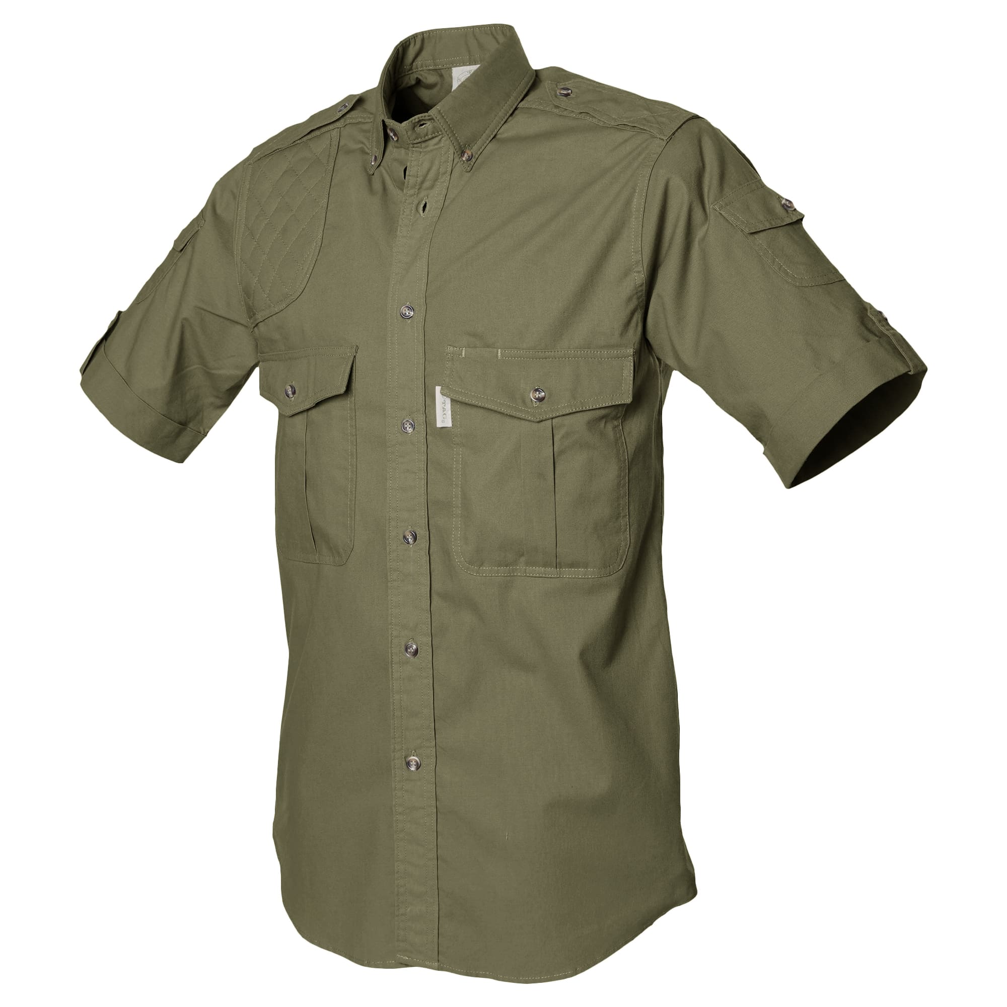Side view of a Men's Shooter Shirt in Short Sleeves, color Moss. The shirt has a quilted shooting pad at the right shoulder, ammo pockets on the sleeves, two flap-covered chest pockets, button-down collars, functional cross-stitched shoulder straps, a button-front placket, double stitching throughout, and long rounded tails for tucking into pants. 100% cotton.--12