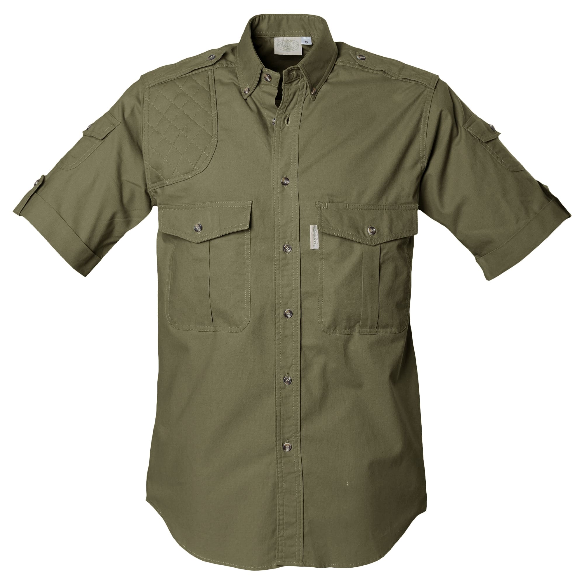 Front view of a Men's Shooter Shirt in Short Sleeves, color Moss. The shirt has a quilted shooting pad at the right shoulder, ammo pockets on the sleeves, two flap-covered chest pockets, button-down collars, functional cross-stitched shoulder straps, a button-front placket, double stitching throughout, and long rounded tails for tucking into pants. 100% cotton.--10