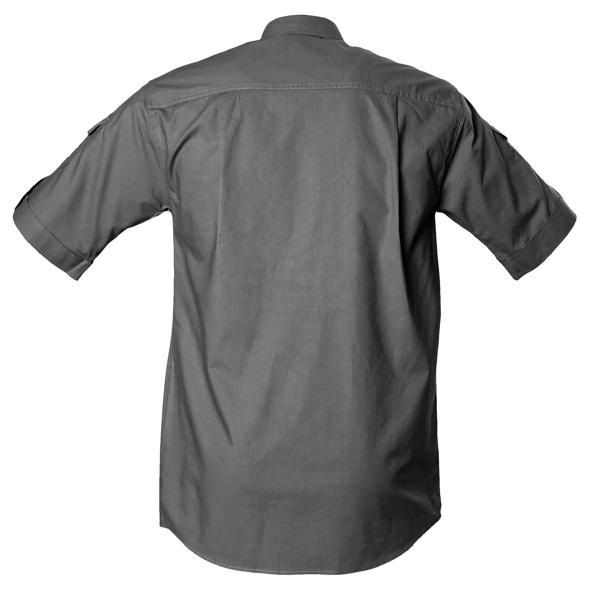 Back view of a Men's Shooter Shirt in Short Sleeves, color Olive. The shirt has functional cross-stitched shoulder straps, double stitching throughout, and long rounded tails for tucking into pants. 100% cotton.--8