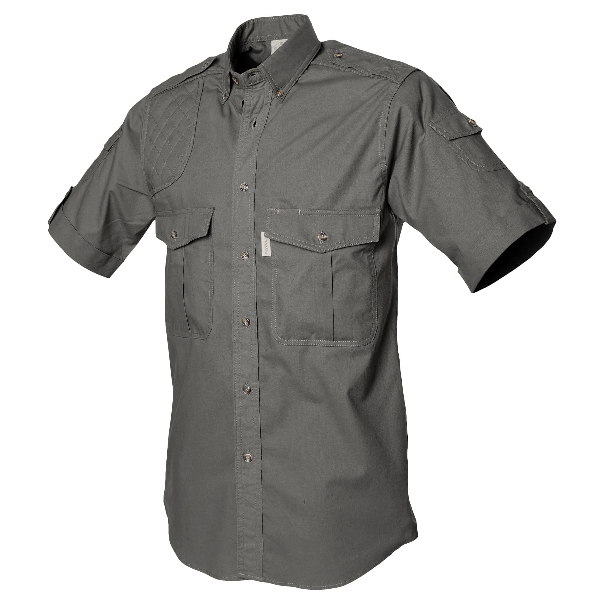 Side view of a Men's Shooter Shirt in Short Sleeves, color color Olive. The shirt has a quilted shooting pad at the right shoulder, ammo pockets on the sleeves, two flap-covered chest pockets, button-down collars, functional cross-stitched shoulder straps, a button-front placket, double stitching throughout, and long rounded tails for tucking into pants. 100% cotton.--9