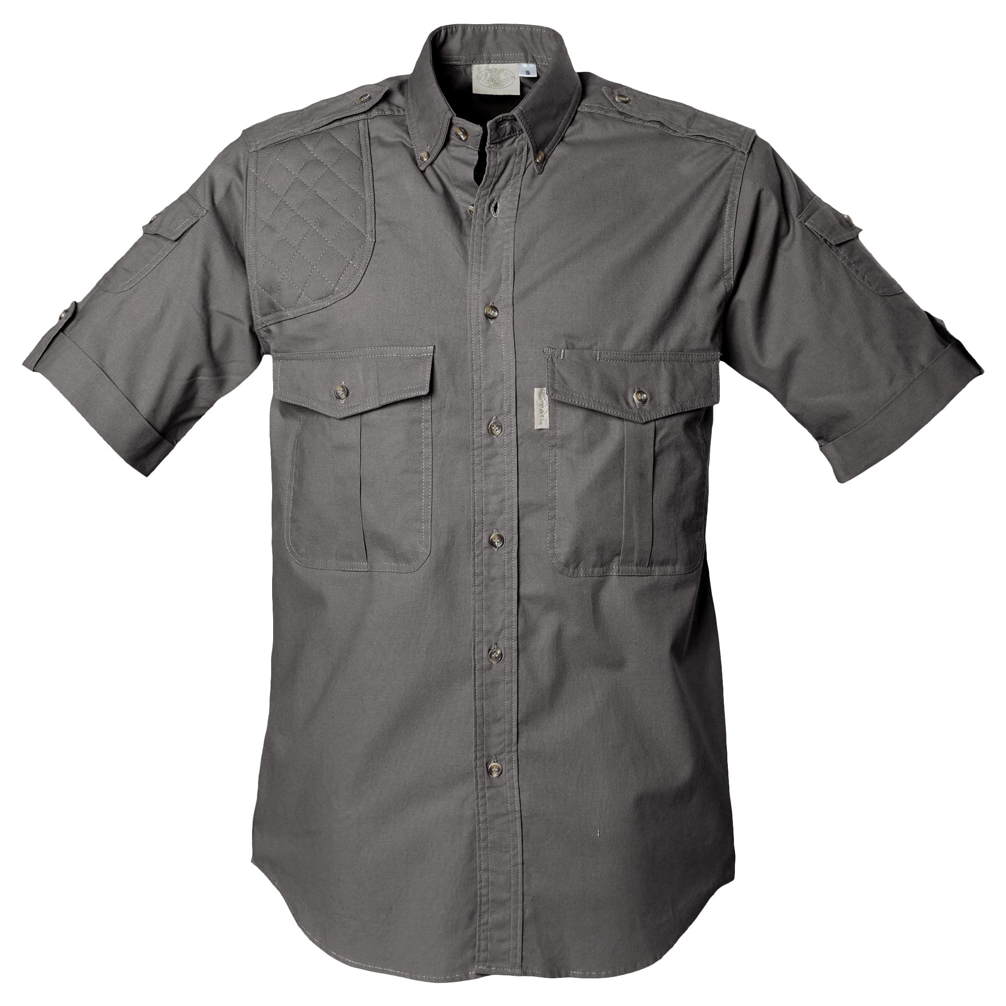 Front view of a Men's Shooter Shirt in Short Sleeves, color Olive. The shirt has a quilted shooting pad at the right shoulder, ammo pockets on the sleeves, two flap-covered chest pockets, button-down collars, functional cross-stitched shoulder straps, a button-front placket, double stitching throughout, and long rounded tails for tucking into pants. 100% cotton.--7