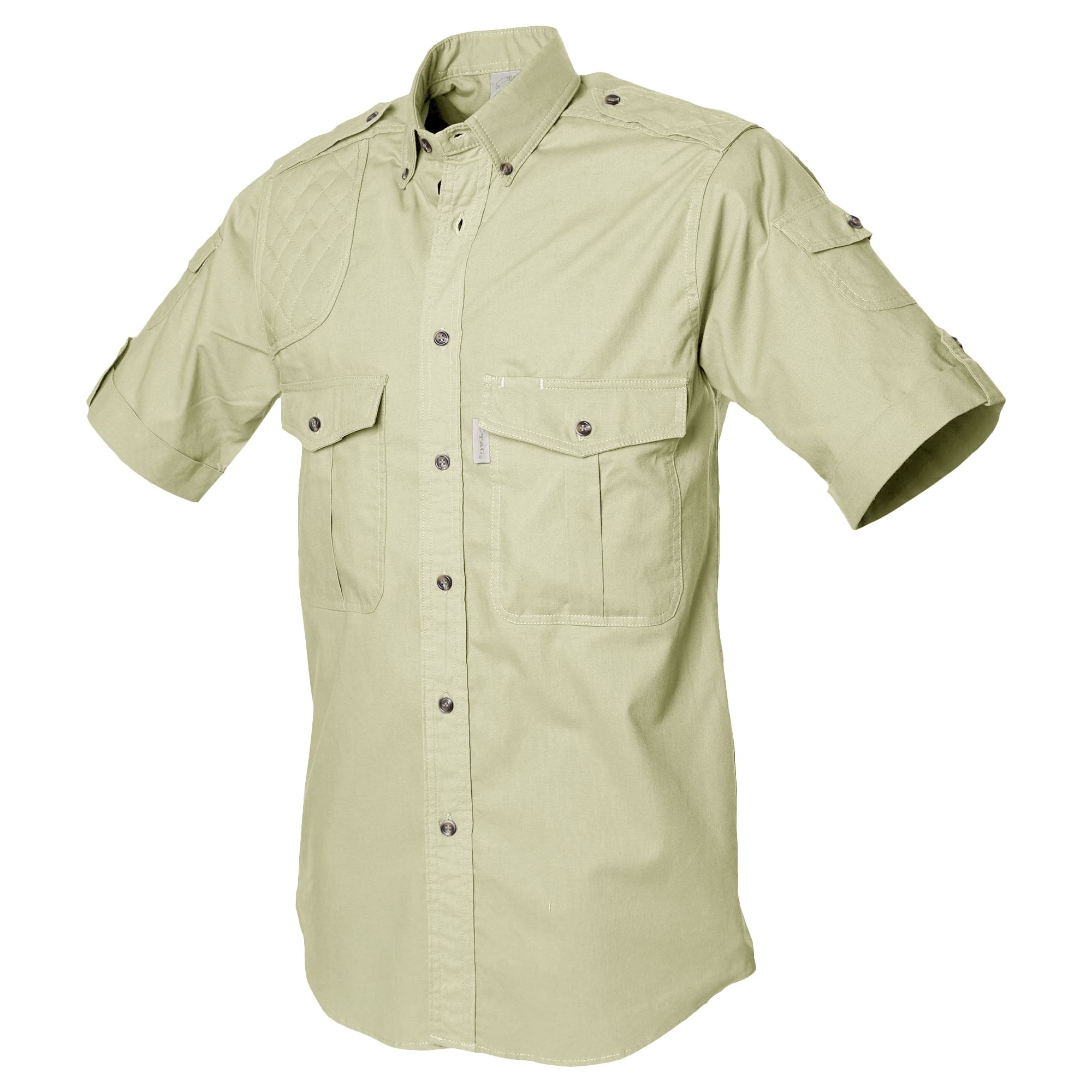 Side view of a Men's Shooter Shirt in Short Sleeves, color Stone. The shirt has a quilted shooting pad at the right shoulder, ammo pockets on the sleeves, two flap-covered chest pockets, button-down collars, functional cross-stitched shoulder straps, a button-front placket, double stitching throughout, and long rounded tails for tucking into pants. 100% cotton.--6