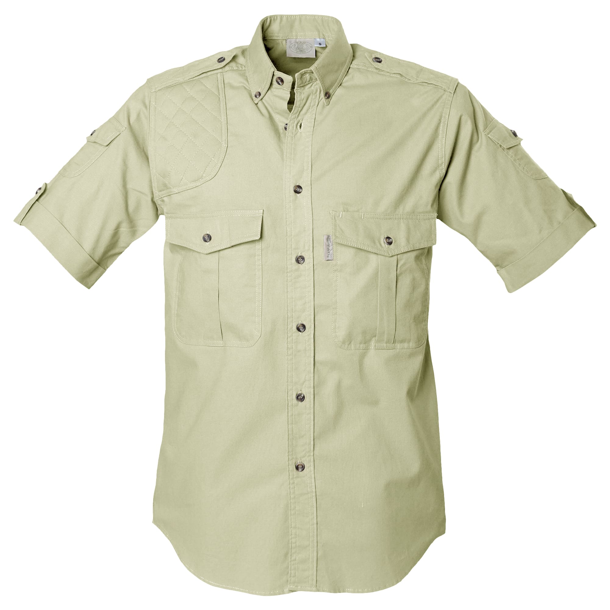 Front view of a Men's Shooter Shirt in Short Sleeves, color Stone. The shirt has a quilted shooting pad at the right shoulder, ammo pockets on the sleeves, two flap-covered chest pockets, button-down collars, functional cross-stitched shoulder straps, a button-front placket, double stitching throughout, and long rounded tails for tucking into pants. 100% cotton.--4