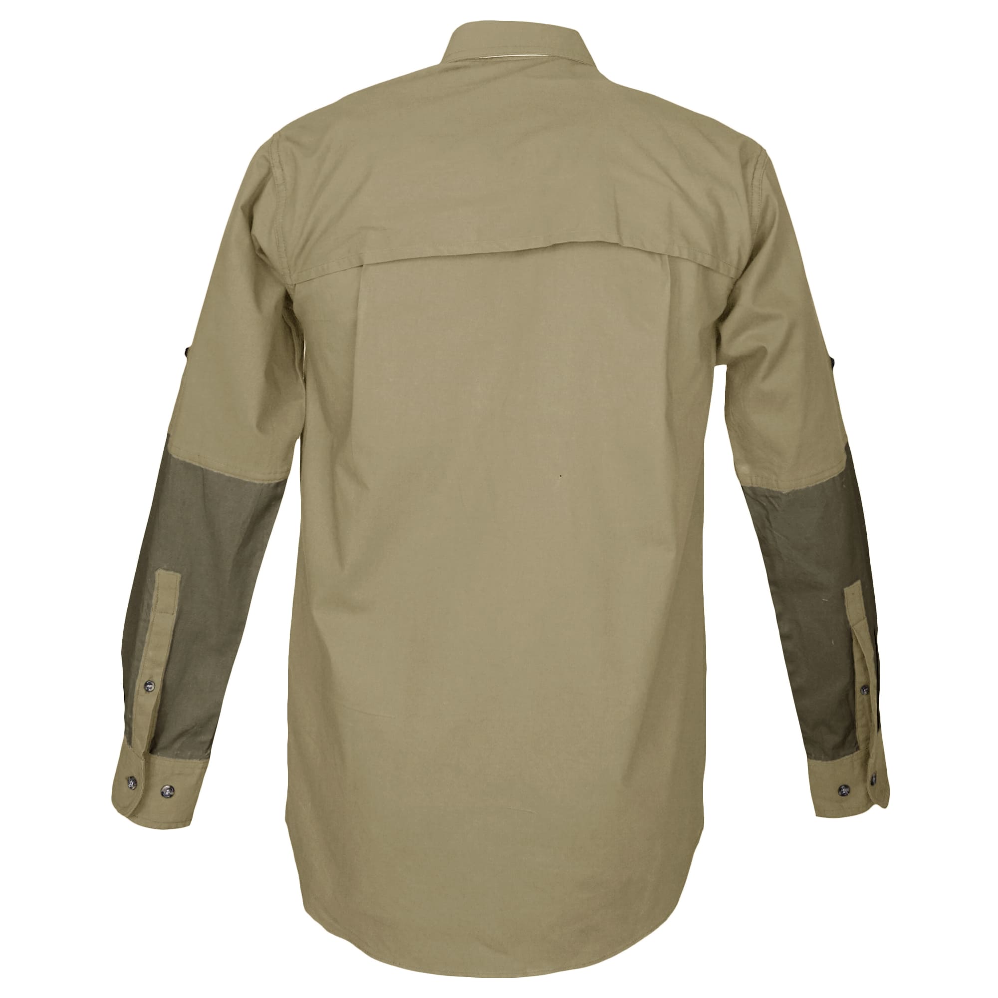 Back of a Men's Clay Bird Shirt in Long Sleeves, color Khaki/Moss. The shirt has a mesh-lined vented back, contrasted forearms, double stitching throughout, and long rounded tails for tucking into pants. 100% cotton.--5
