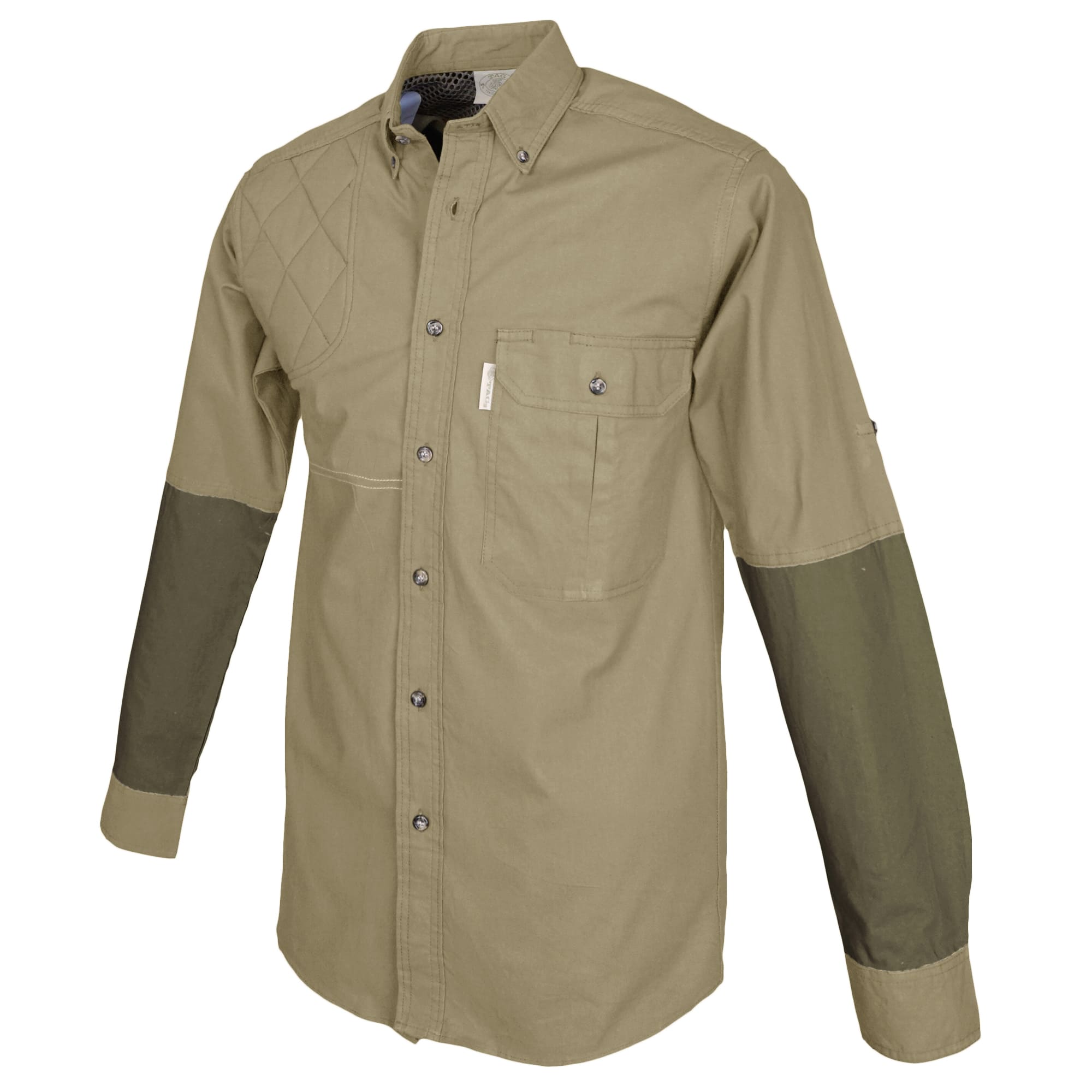 Side of a Men's Clay Bird Shirt in Long Sleeves, color Khaki/Moss. The shirt has a quilted recoil pad at the right shoulder, contrasted forearms, a flap-covered chest pocket, button-down collars, a button-front placket, a stitched FITASC gun position line, double stitching throughout, and long rounded tails for tucking into pants. 100% cotton.--6