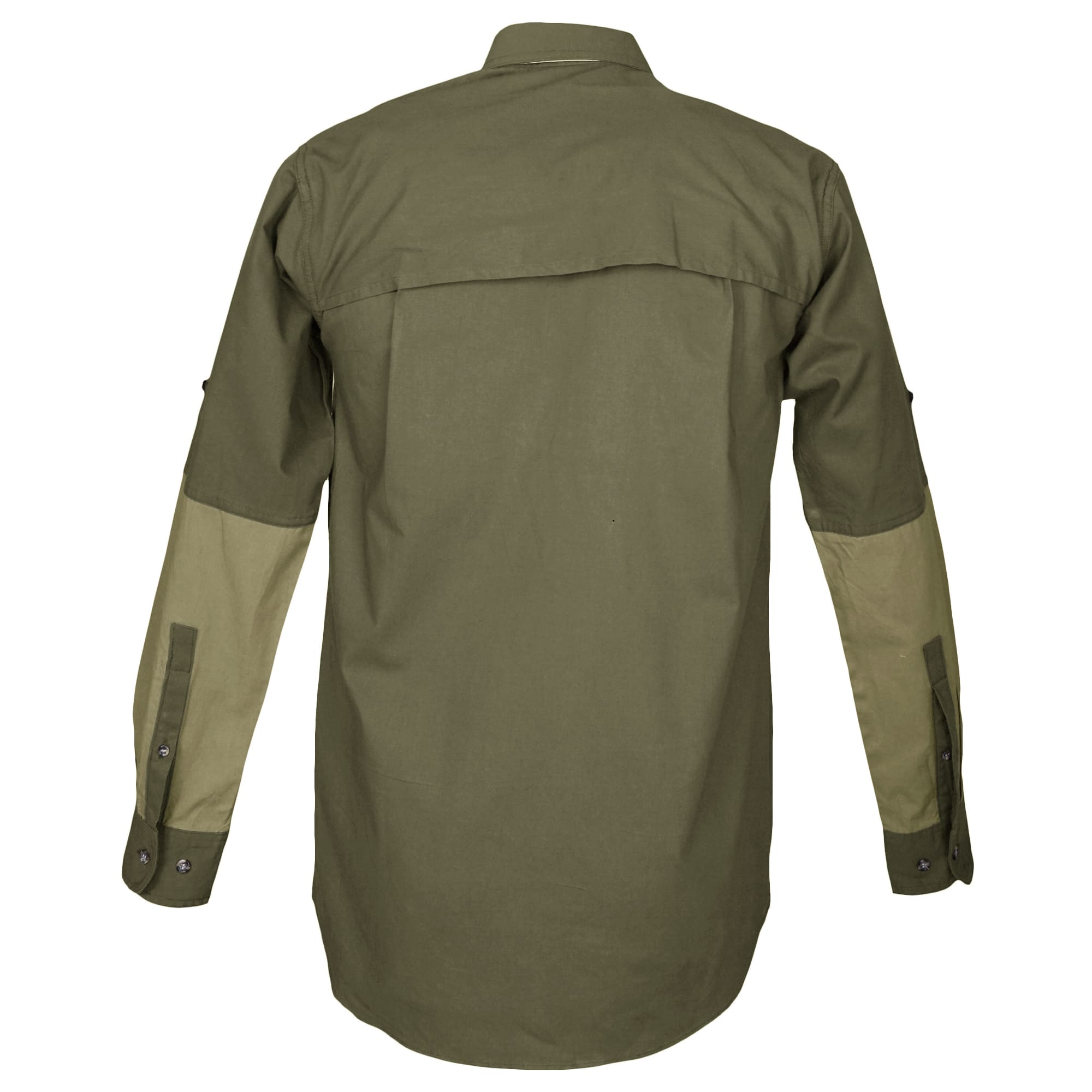 Back of a Men's Clay Bird Shirt in Long Sleeves, color Moss/Khaki. The shirt has a mesh-lined vented back, contrasted forearms, double stitching throughout, and long rounded tails for tucking into pants. 100% cotton.--2