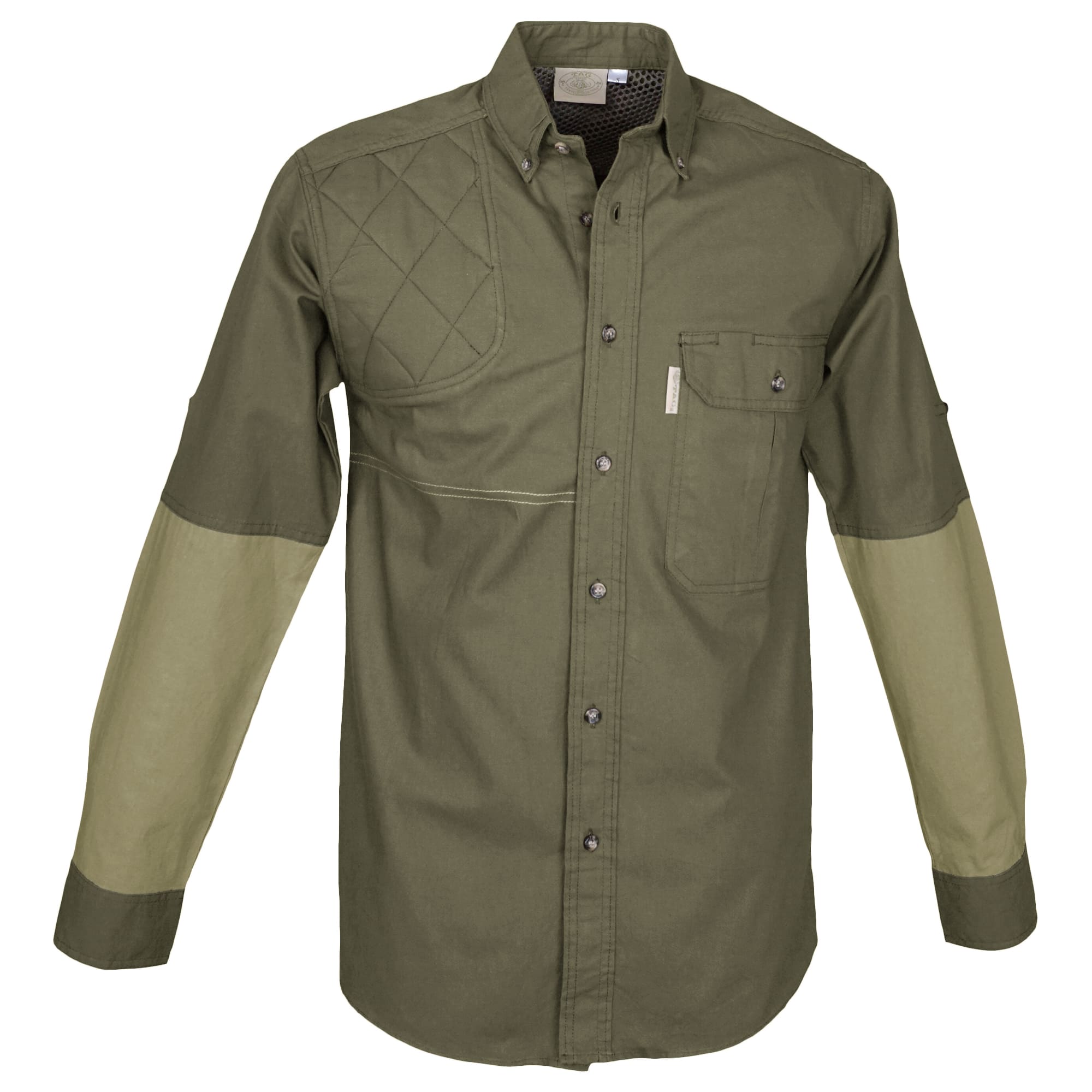 Front of a Men's Clay Bird Shirt in Long Sleeves, color Moss/Khaki. The shirt has a quilted recoil pad at the right shoulder, contrasted forearms, a single flap-covered chest pocket, button-down collars, a button-front placket, a stitched FITASC gun position line, double stitching throughout, and long rounded tails for tucking into pants. 100% cotton.--1