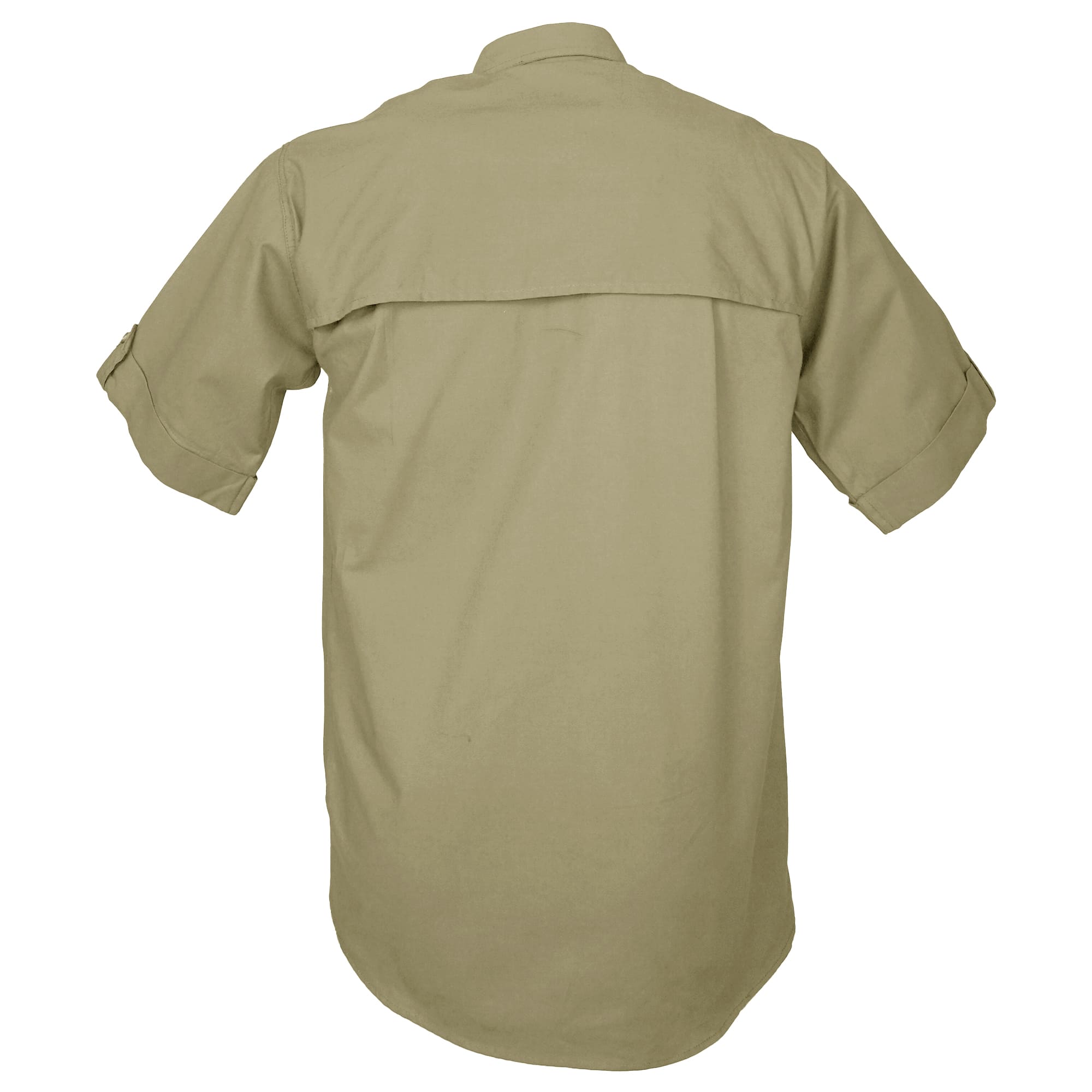 Back view of a Men's Clay Bird Shirt in Short Sleeves, color Khaki. The shirt has a mesh-lined vented back, double stitching throughout, and long rounded tails for tucking into pants. 100% cotton.--2