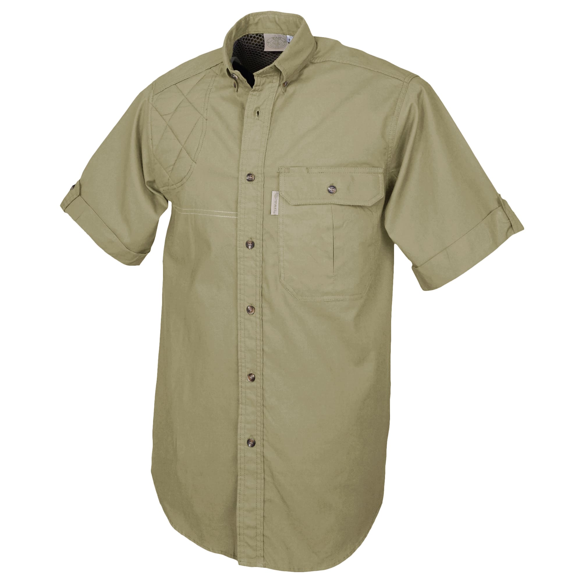Side view of a Men's Clay Bird Shirt in Short Sleeves, color Khaki. The shirt has a quilted recoil pad at the right shoulder, a mesh-lined vented back, a flap-covered chest pocket, button-down collars, a button-front placket, a stitched FITASC gun position line, double stitching throughout, and long rounded tails for tucking into pants. 100% cotton.--3
