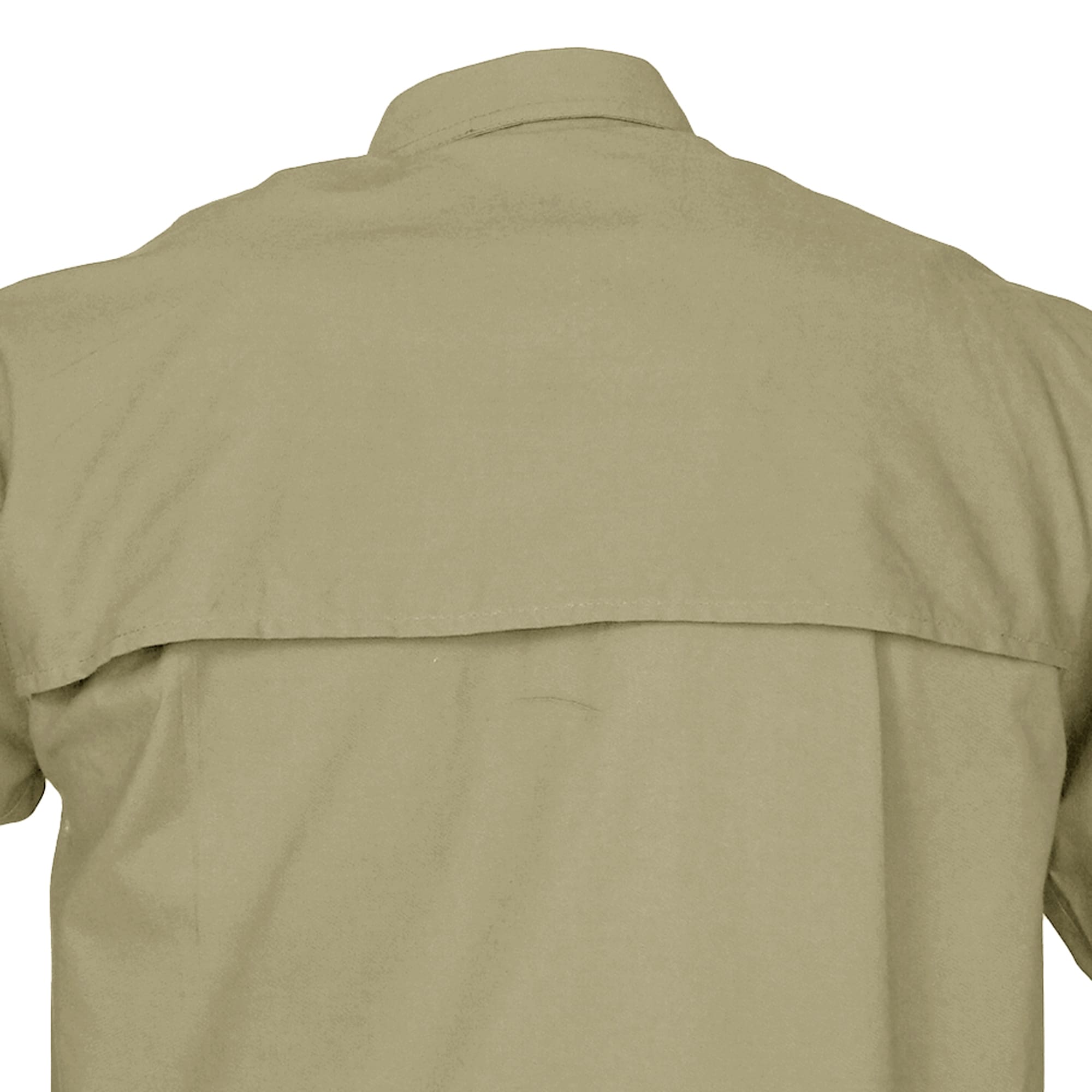 Closeup of a Men's Clay Bird Shirt in Short Sleeves, color Khaki. The shirt has a mesh-lined vented back, and double stitching throughout. 100% cotton.--5