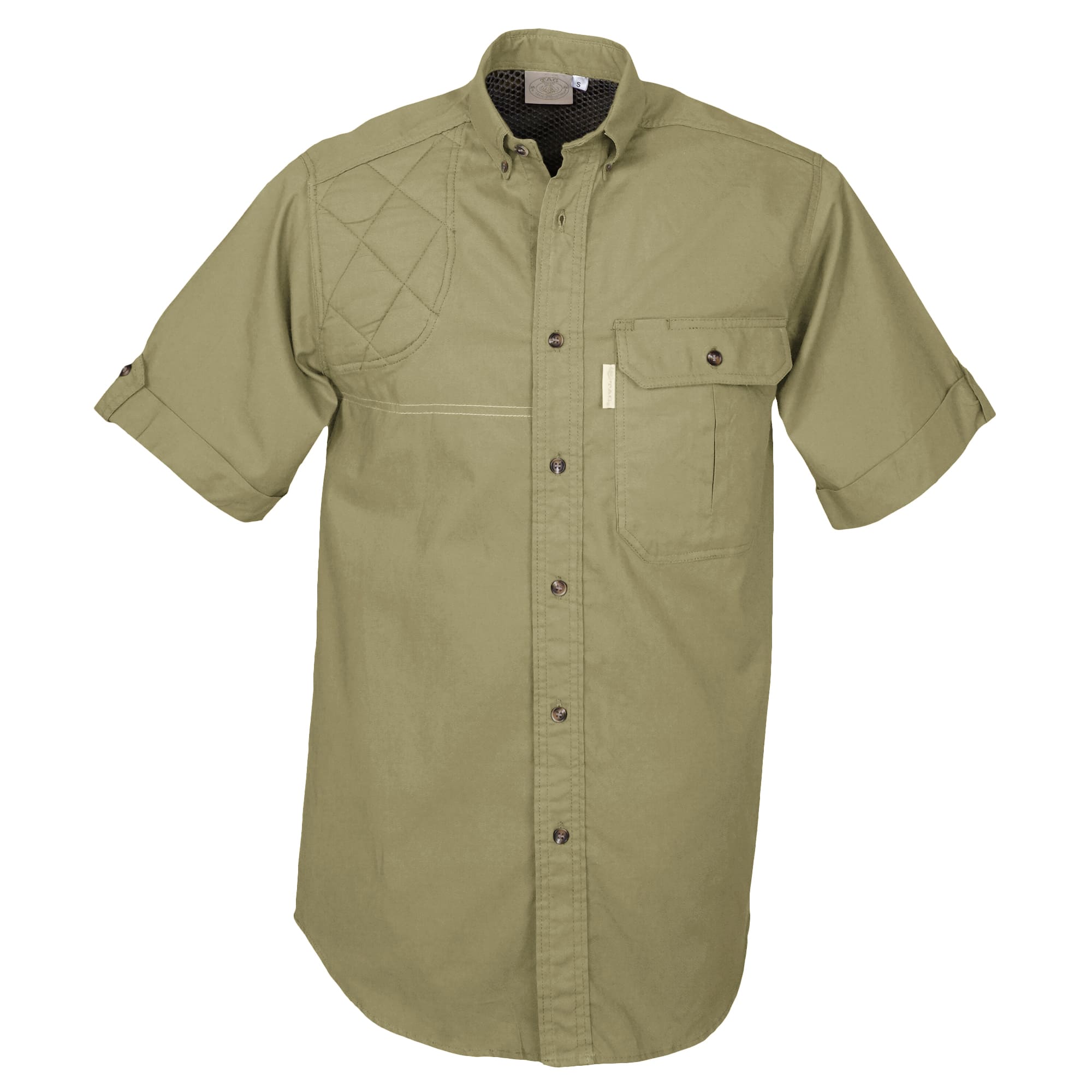 Front view of a Men's Clay Bird Shirt in Short Sleeves, color Khaki. The shirt has a quilted recoil pad at the right shoulder, a mesh-lined vented back, a flap-covered chest pocket, button-down collars, a button-front placket, a stitched FITASC gun position line, double stitching throughout, and long rounded tails for tucking into pants. 100% cotton.--1