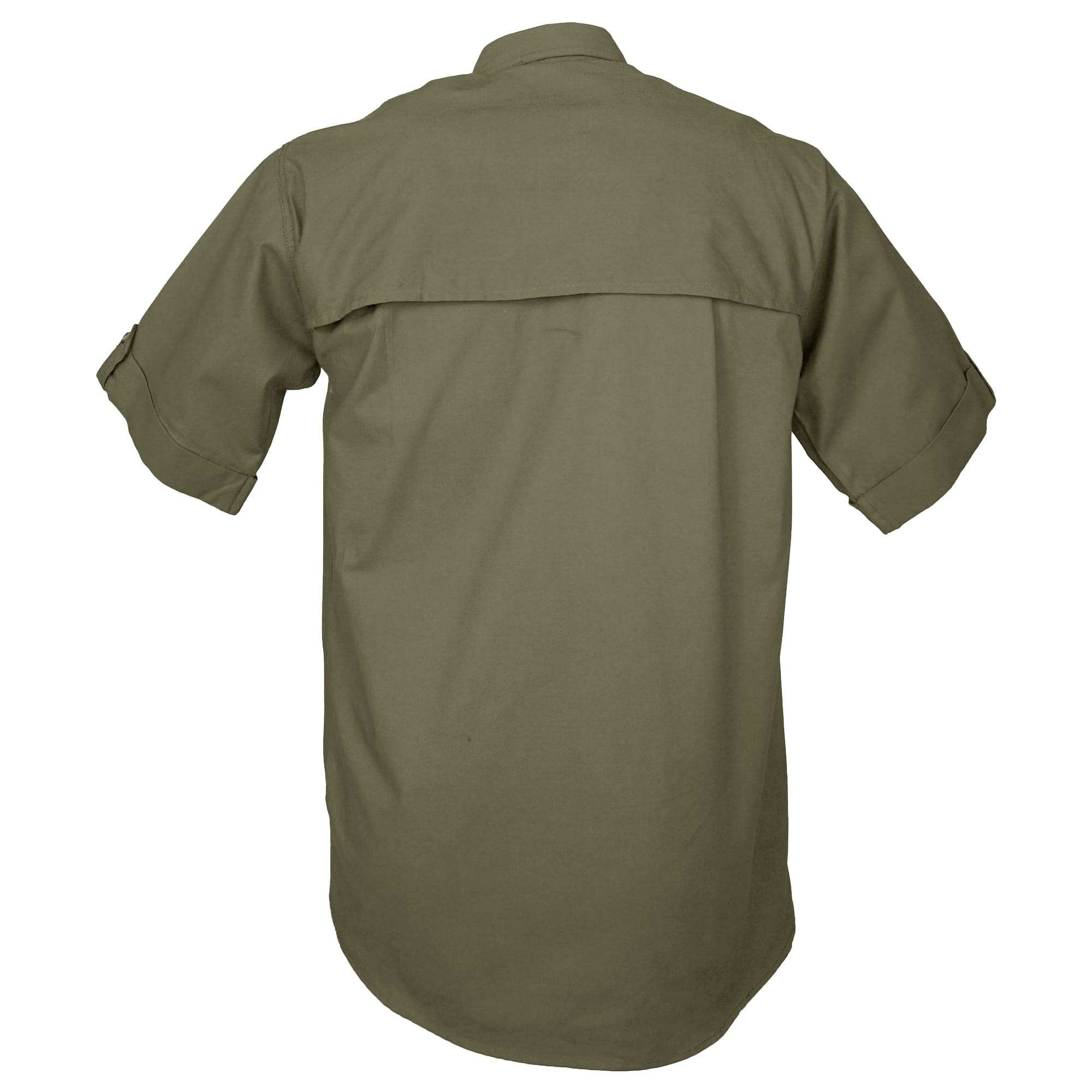 Back view of a Men's Clay Bird Shirt in Short Sleeves, color Moss. The shirt has a mesh-lined vented back, double stitching throughout, and long rounded tails for tucking into pants. 100% cotton.--7