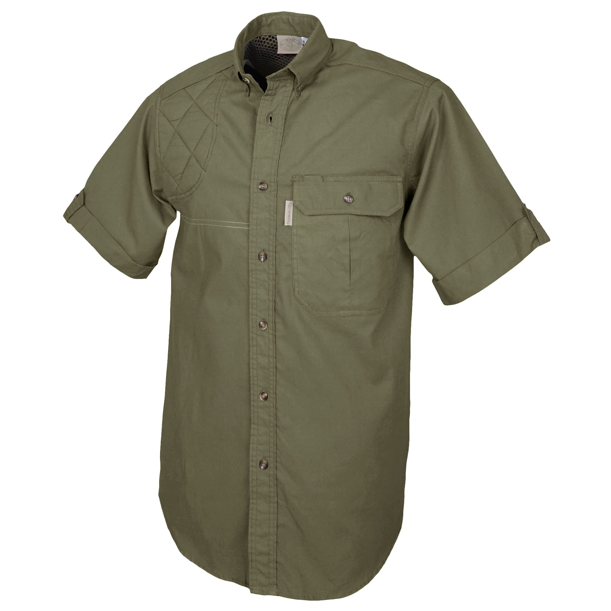 Side view of a Men's Clay Bird Shirt in Short Sleeves, color Moss. The shirt has a quilted recoil pad at the right shoulder, a mesh-lined vented back, a flap-covered chest pocket, button-down collars, a button-front placket, a stitched FITASC gun position line, double stitching throughout, and long rounded tails for tucking into pants. 100% cotton.--8