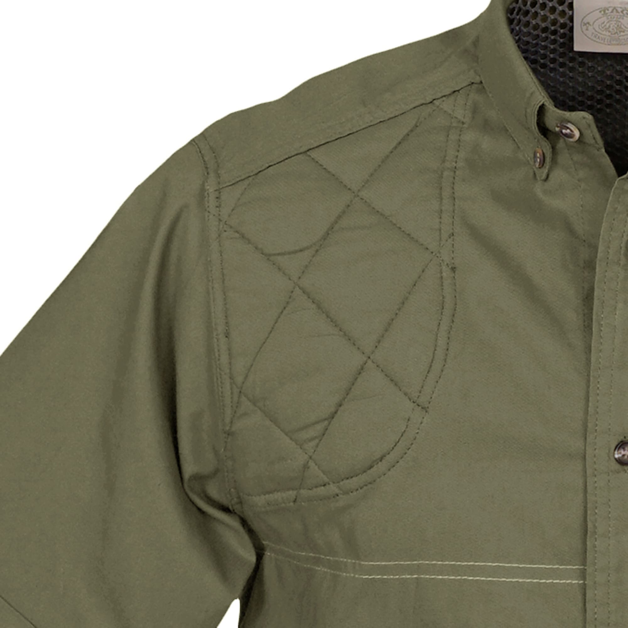 Closeup of a Men's Clay Bird Shirt in Short Sleeves, color Moss. The shirt has a quilted recoil pad at the right shoulder, a mesh-lined vented back, button-down collars, a button-front placket, and double stitching throughout. 100% cotton.--9