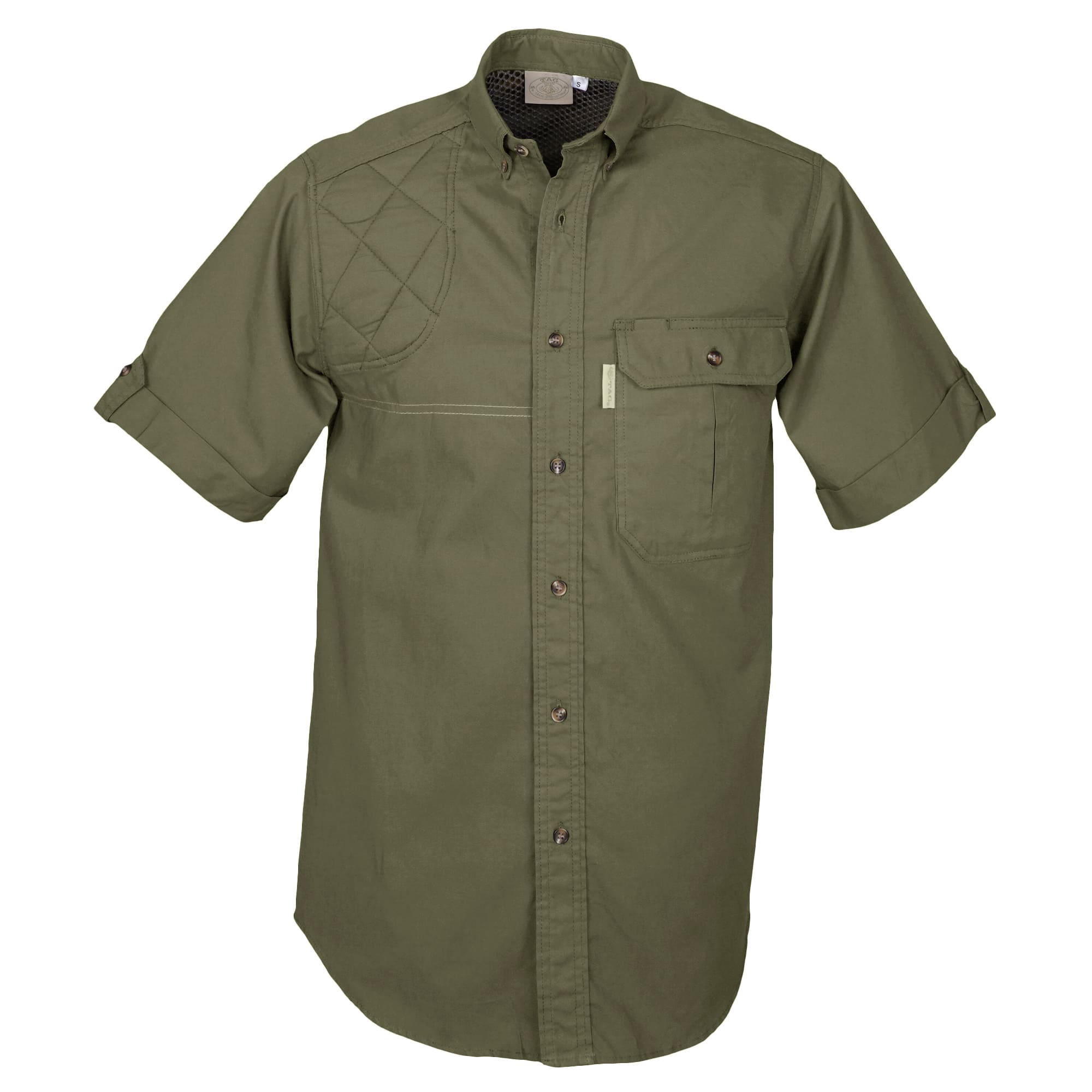 Front view of a Men's Clay Bird Shirt in Short Sleeves, color Moss. The shirt has a quilted recoil pad at the right shoulder, a mesh-lined vented back, a flap-covered chest pocket, button-down collars, a button-front placket, a stitched FITASC gun position line, double stitching throughout, and long rounded tails for tucking into pants. 100% cotton.--6