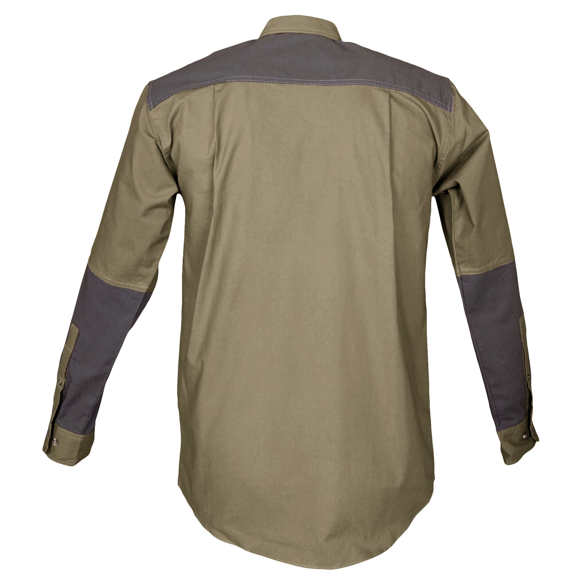 Back of a Men's Upland Shirt in Long Sleeves, color Khaki/Olive. The shirt has a contrasted yoke and forearms, buttoned Swiss tabs on the sleeves, double stitching throughout, and long rounded tails for tucking into pants. 100% cotton.--7