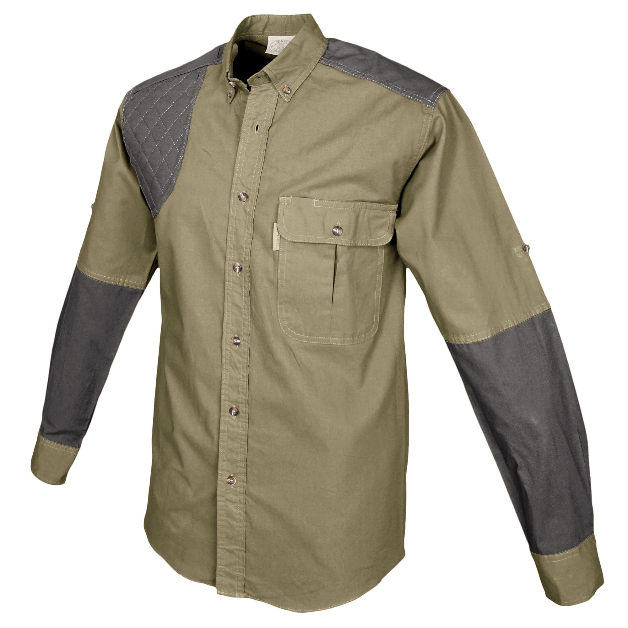 Front of a Men's Upland Shirt in Long Sleeves, color Khaki/Olive. The shirt has a contrasted quilted shooter patch and forearms, two flap-covered chest pockets, button-down collars, buttoned Swiss tabs on the sleeves, a button-front placket, double stitching throughout, and long rounded tails for tucking into pants. 100% cotton.--8