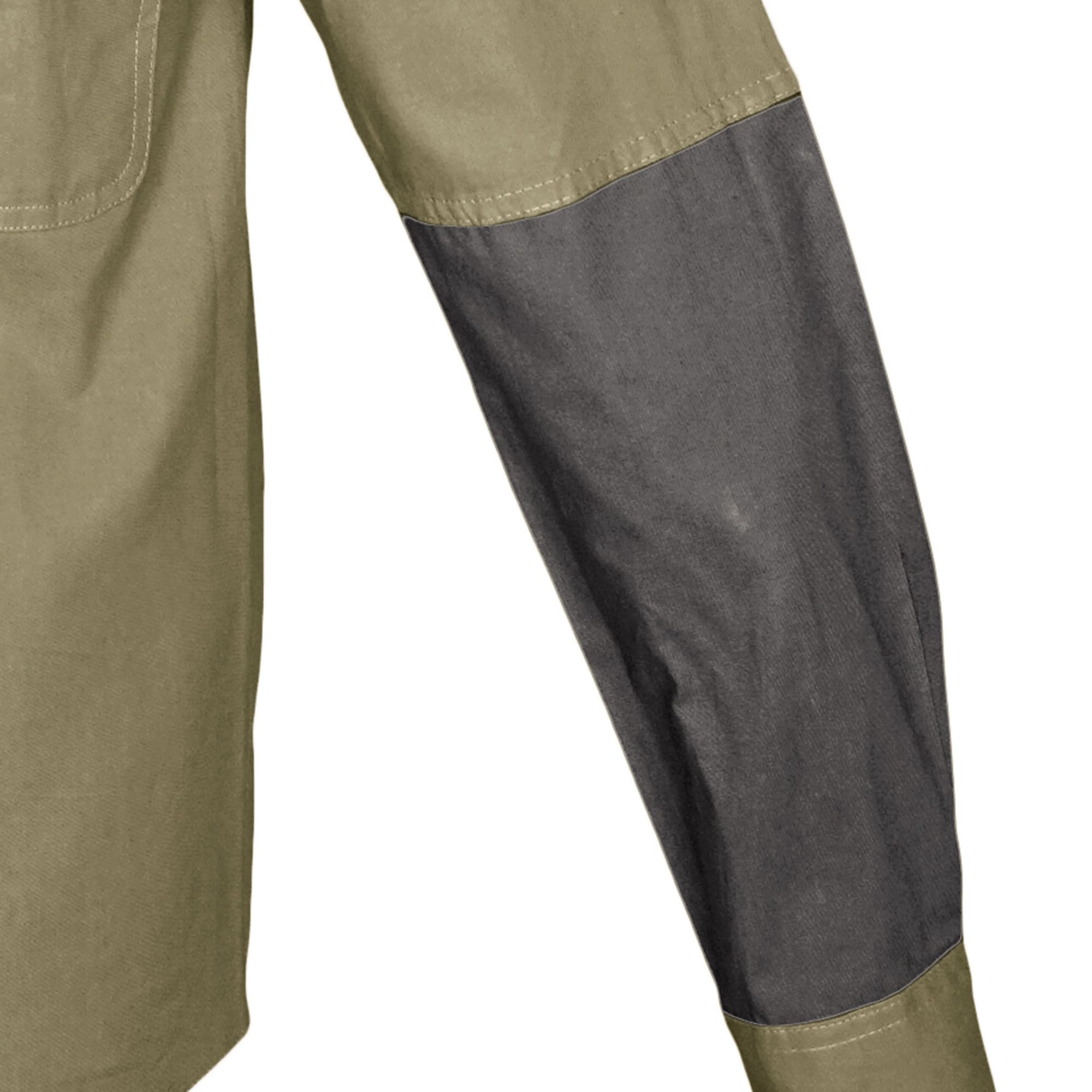 Closeup of a Men's Upland Shirt in Long Sleeves, color Khaki/Olive. The shirt has contrasted forearms, and double stitching throughout. 100% cotton.--10