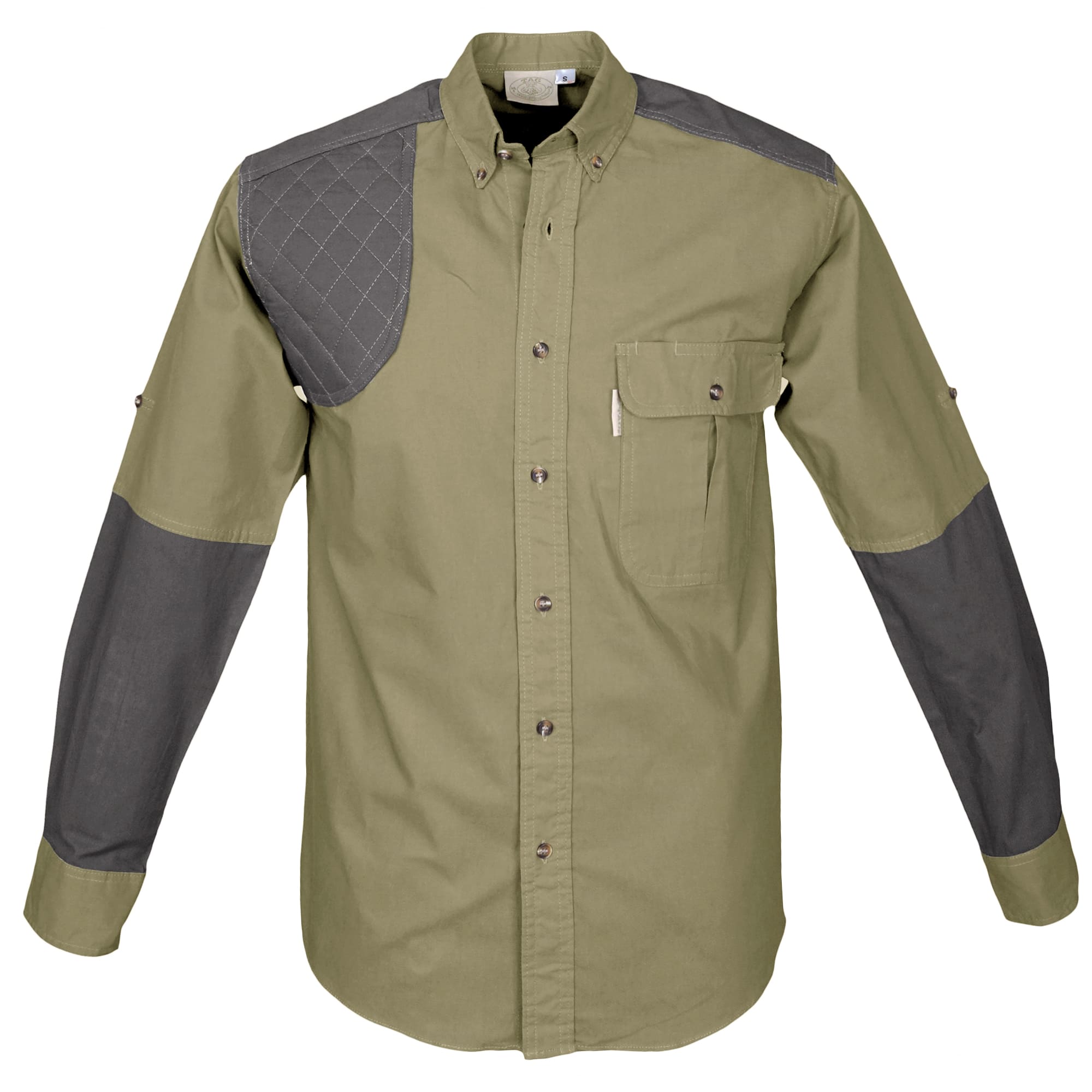 Front of a Men's Upland Shirt in Long Sleeves, color Khaki/Olive. The shirt has a contrasted quilted shooter patch and forearms, two flap-covered chest pockets, button-down collars, buttoned Swiss tabs on the sleeves, a button-front placket, double stitching throughout, and long rounded tails for tucking into pants. 100% cotton.--6