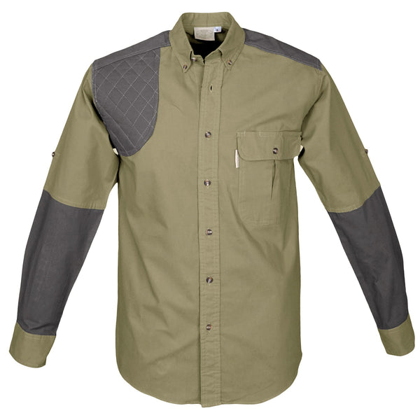 Front of a Men's Upland Shirt in Long Sleeves, color Khaki/Olive. The shirt has a contrasted quilted shooter patch and forearms, two flap-covered chest pockets, button-down collars, buttoned Swiss tabs on the sleeves, a button-front placket, double stitching throughout, and long rounded tails for tucking into pants. 100% cotton.