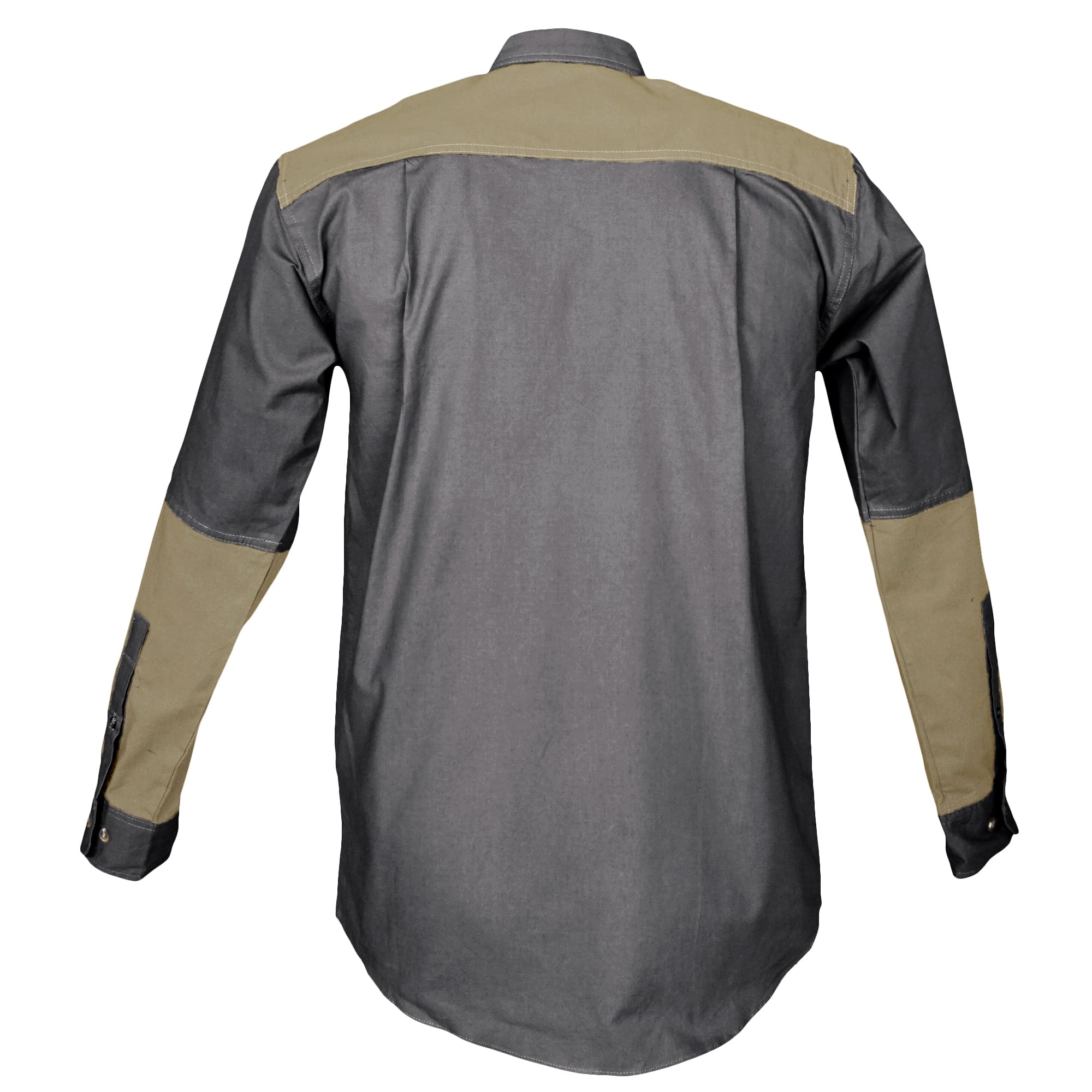 Back of a Men's Upland Shirt in Long Sleeves, color Olive/Khaki. The shirt has a contrasted yoke and forearms, buttoned Swiss tabs on the sleeves, double stitching throughout, and long rounded tails for tucking into pants. 100% cotton.--2