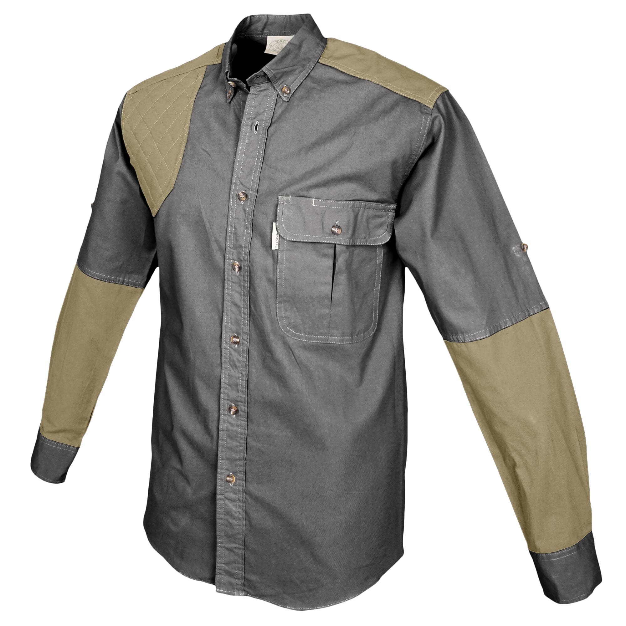 Front of a Men's Upland Shirt in Long Sleeves, color Olive/Khaki. The shirt has a contrasted quilted shooter patch and forearms, two flap-covered chest pockets, button-down collars, buttoned Swiss tabs on the sleeves, a button-front placket, double stitching throughout, and long rounded tails for tucking into pants. 100% cotton.--3