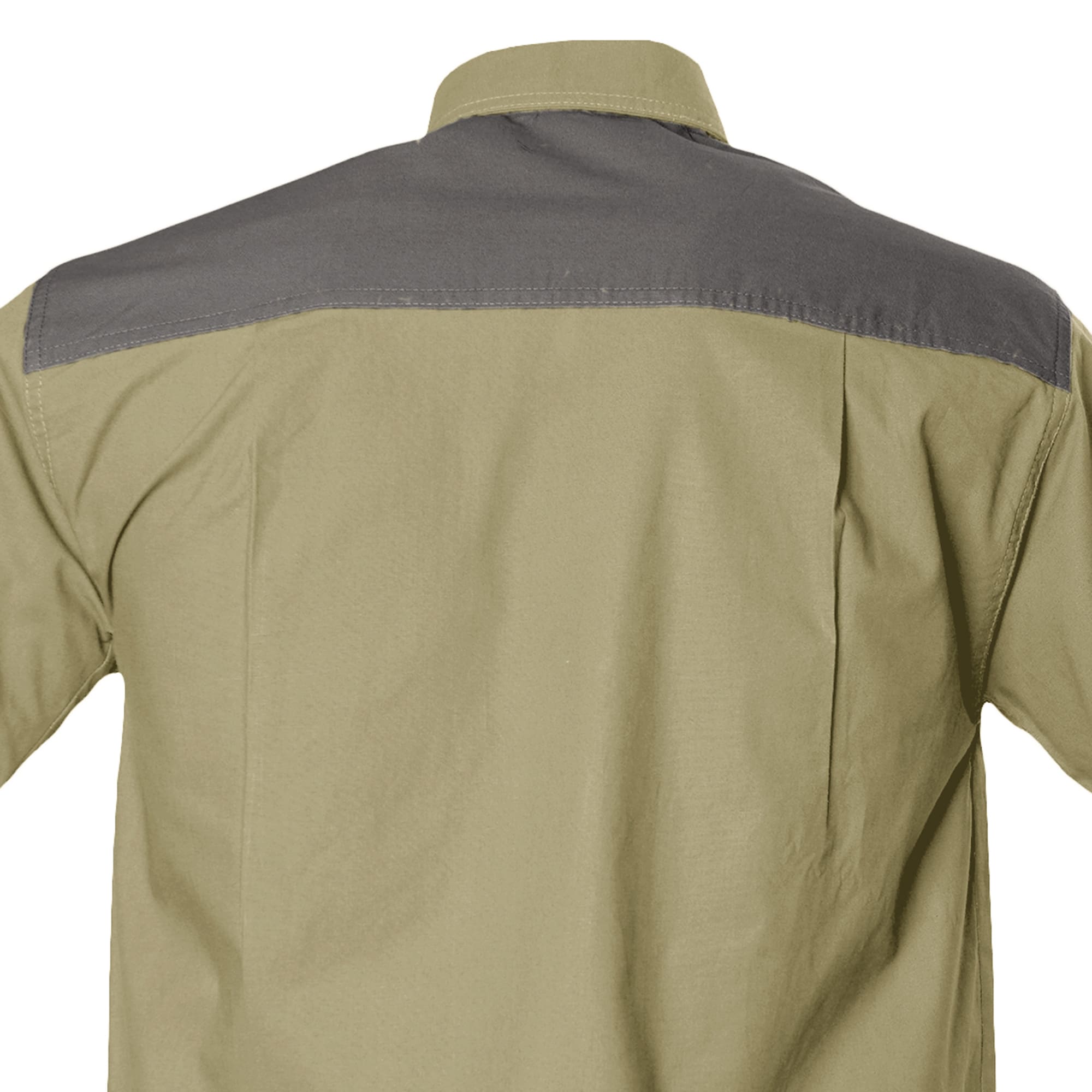 Closeup of a Men's Upland Shirt in Short Sleeves, color Khaki/Olive. The shirt has a contrasted yoke, a pleated back, and double stitching throughout. 100% cotton.--5
