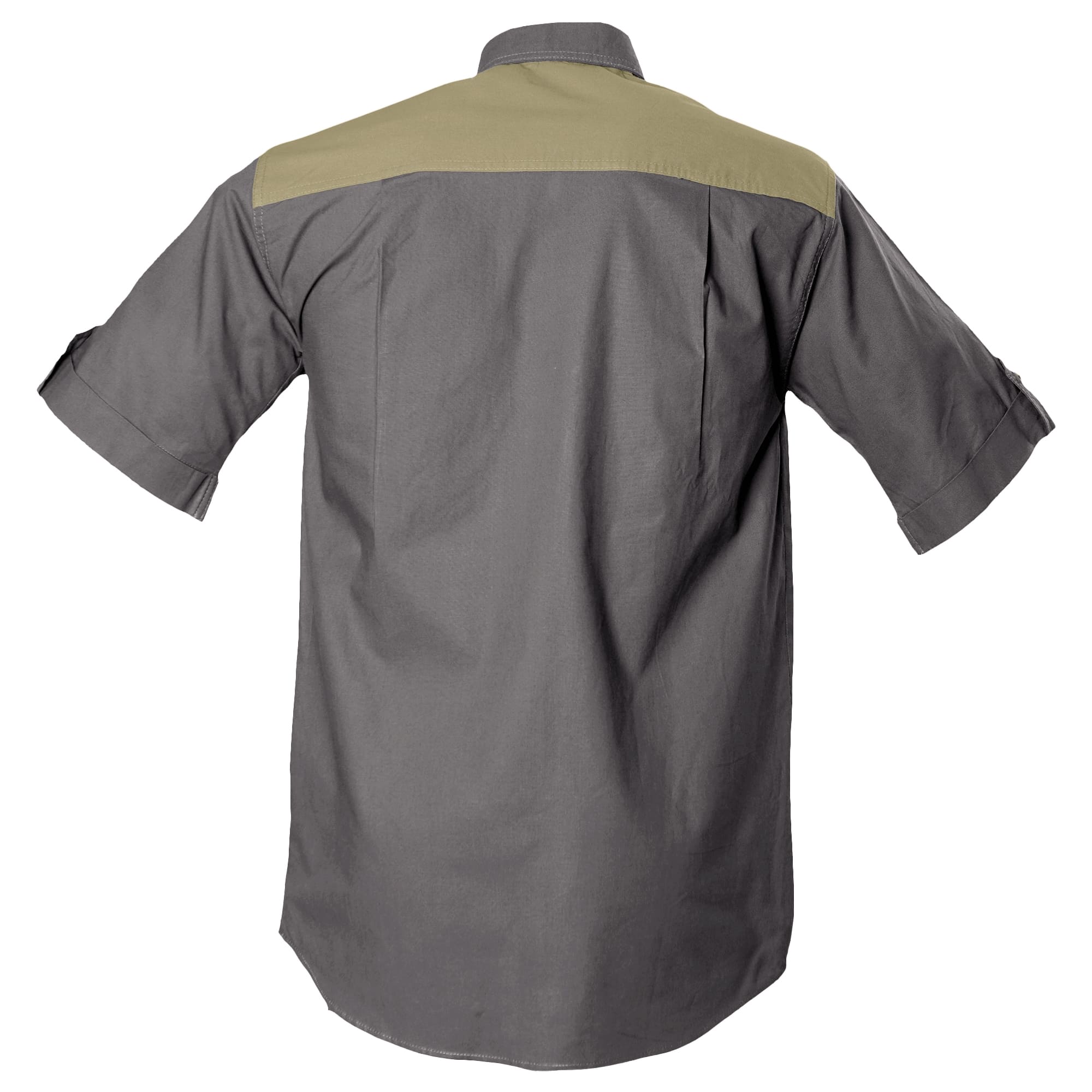 Back of a Men's Upland Shirt in Short Sleeves, color Olive/Khaki. The shirt has a contrasted yoke, buttoned roll-up tabs on the sleeve cuffs, double stitching throughout, and long rounded tails for tucking into pants. 100% cotton.--7