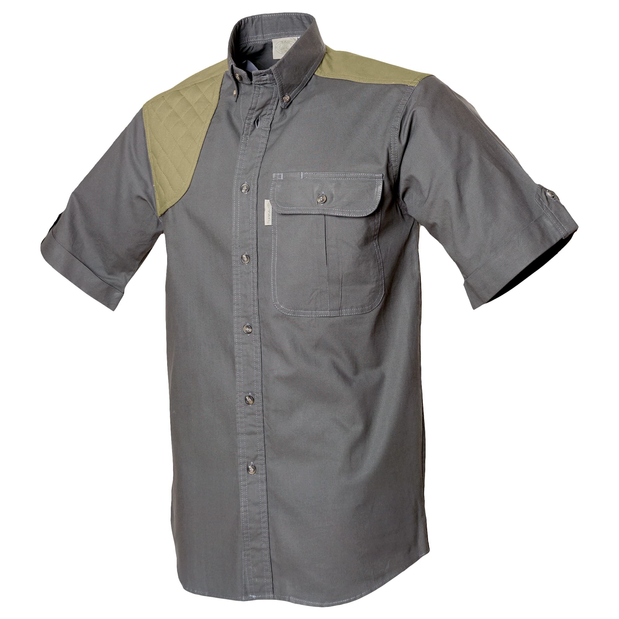 Front of a Men's Upland Shirt in Short Sleeves, color Olive/Khaki. The shirt has a contrasted quilted shooter patch, two flap-covered chest pockets, button-down collars, buttoned roll-up tabs on the sleeve cuffs, a button-front placket, double stitching throughout, and long rounded tails for tucking into pants. 100% cotton.--8