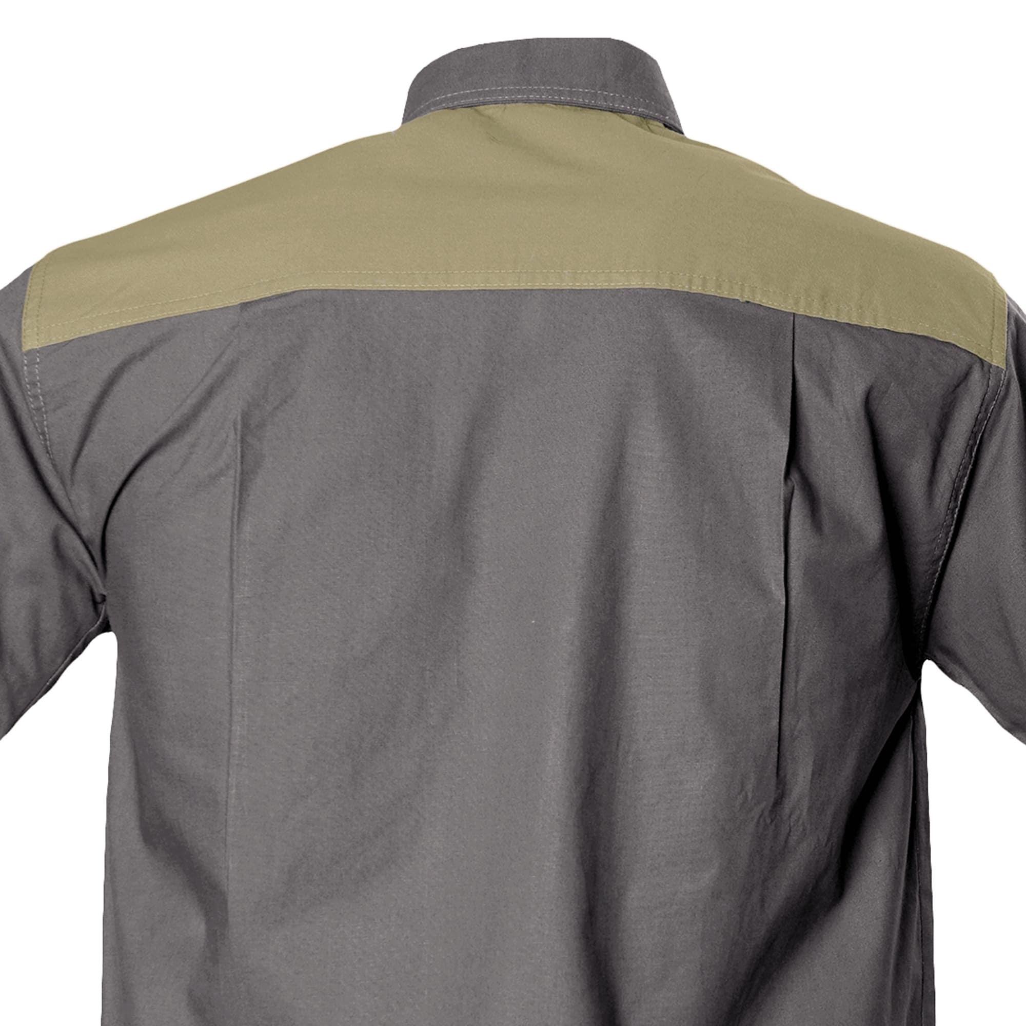 Closeup of a Men's Upland Shirt in Short Sleeves, color Olive/Khaki. The shirt has a contrasted yoke, a pleated back, and double stitching throughout. 100% cotton.--10