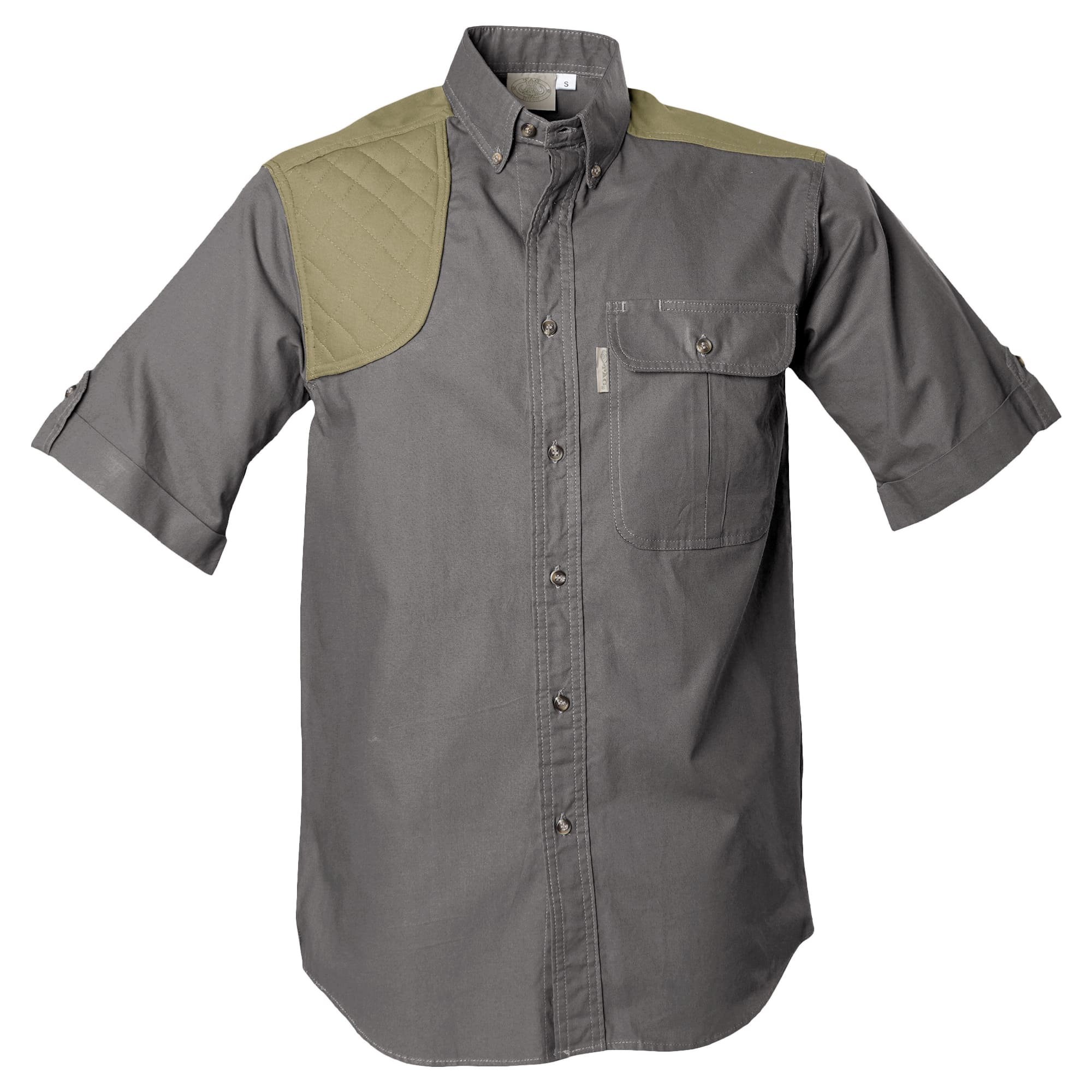 Front of a Men's Upland Shirt in Short Sleeves, color Olive/Khaki. The shirt has a contrasted quilted shooter patch, two flap-covered chest pockets, button-down collars, buttoned roll-up tabs on the sleeve cuffs, a button-front placket, double stitching throughout, and long rounded tails for tucking into pants. 100% cotton.--6
