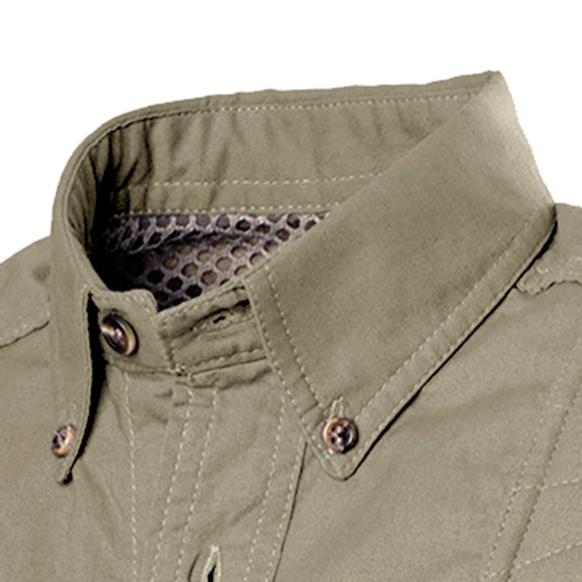 Closeup of a Men's Left-Hand Shooter Shirt in Long Sleeves, color Khaki. The shirt has a mesh-lined vented back, button-down collars, a button-front placket, and double stitching throughout. 100% cotton.--6