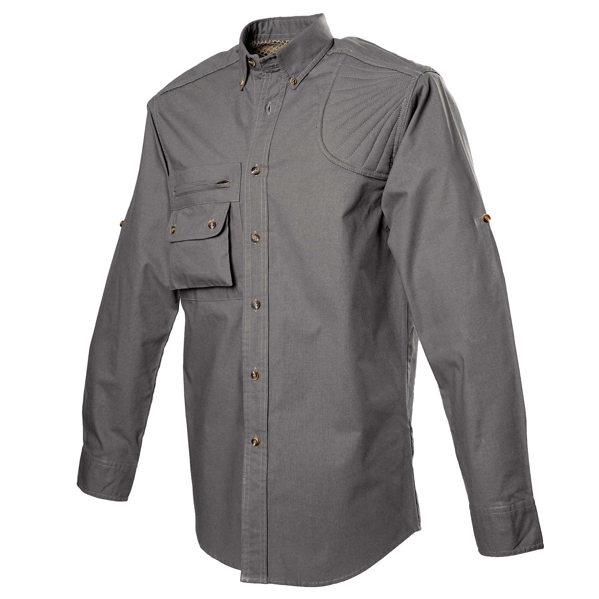 Side view of a Men's Left-Hand Shooter Shirt in Long Sleeves, color Olive. The shirt has a sunray quilted shooter patch at the left shoulder, a zippered chest pocket, a flap-covered chest pocket, button-down collars, buttoned Swiss tabs on the sleeves, a button-front placket, double stitching throughout, and long rounded tails for tucking into pants. 100% cotton.--9