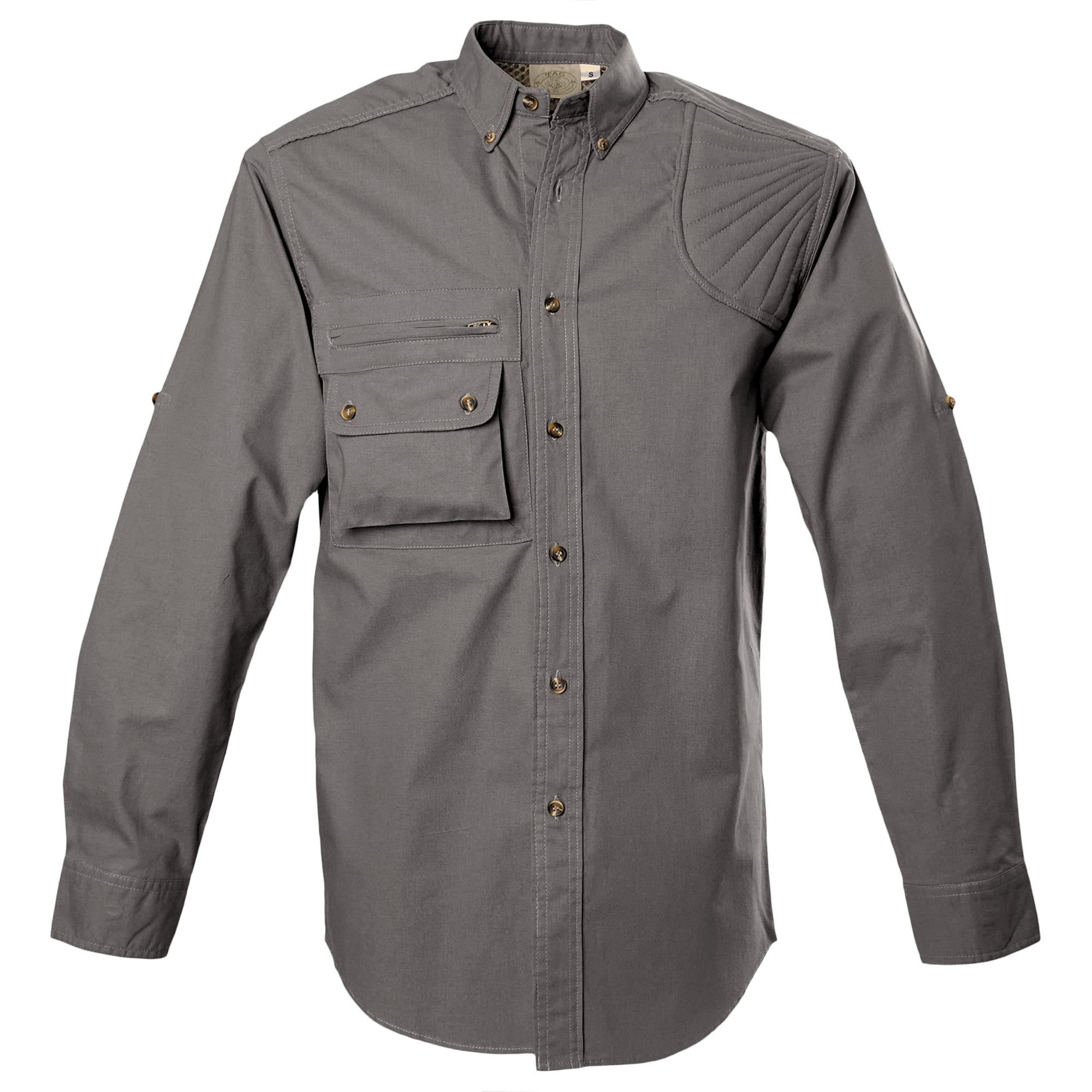 Front view of a Men's Left-Hand Shooter Shirt in Long Sleeves, color Olive. The shirt has a sunray quilted shooter patch at the left shoulder, a mesh-lined vented back, a zippered chest pocket, a flap-covered chest pocket, button-down collars, buttoned Swiss tabs on the sleeves, a button-front placket, double stitching throughout, and long rounded tails for tucking into pants. 100% cotton.--7