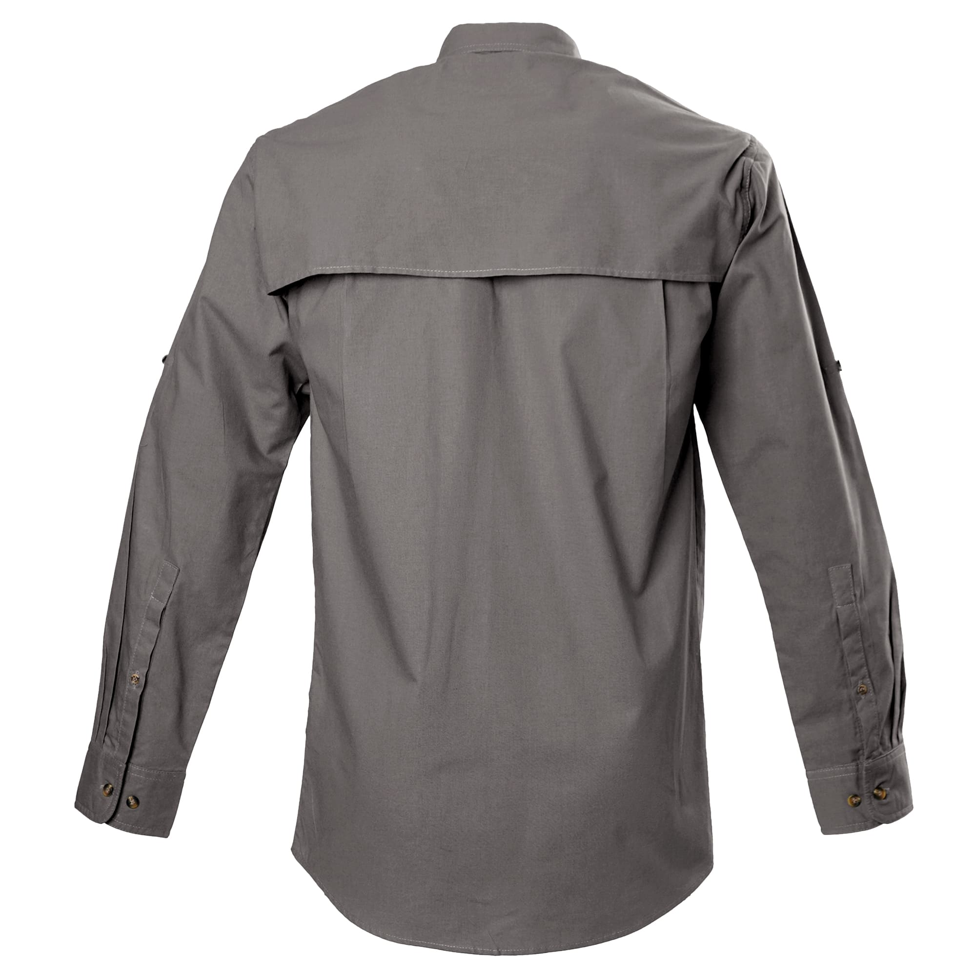 Back view of a Men's Left-Hand Shooter Shirt in Long Sleeves, color Olive. The shirt has a mesh-lined vented back, buttoned Swiss tabs on the sleeves, double stitching throughout, and long rounded tails for tucking into pants. 100% cotton.--8
