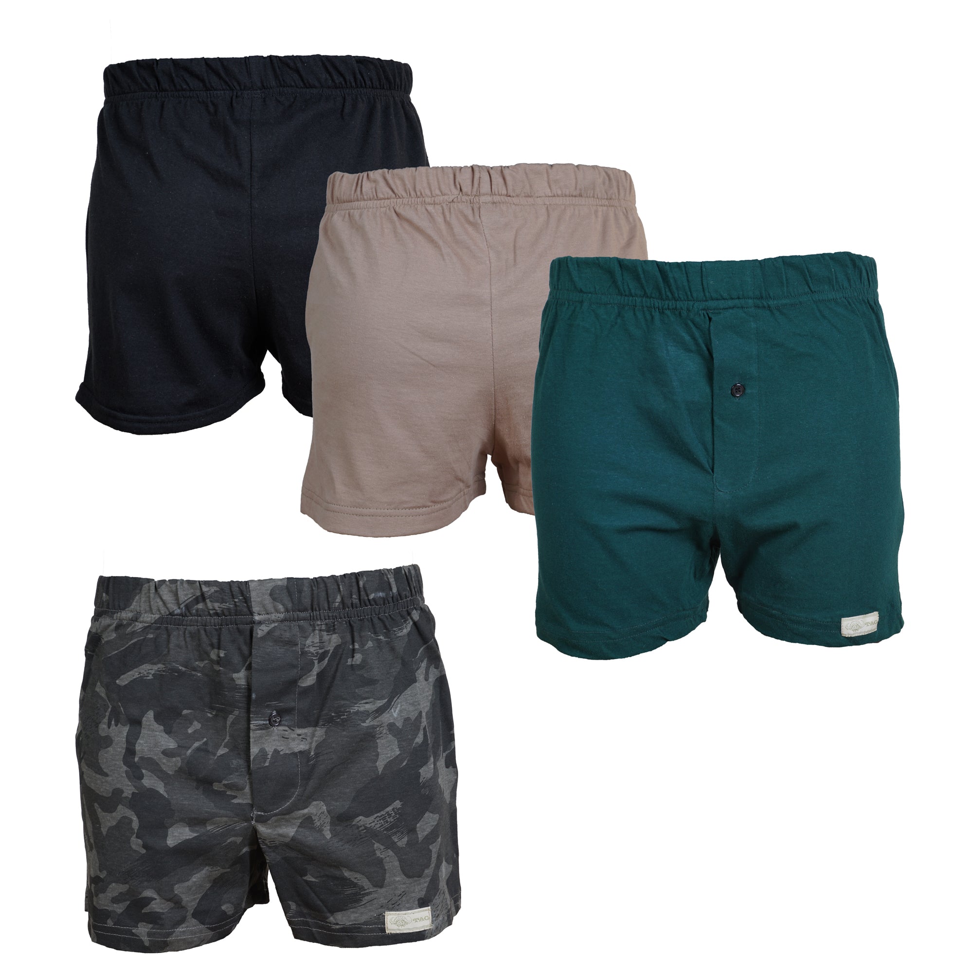 Front view of four pairs of Go Wild Boxers, one Black, one Tan, one Green, and one Gray Camouflage. Each have an elastic waistband, a buttoned front fly, and a Tag Buffalo label on the bottom front of the left leg. 100% cotton.--3