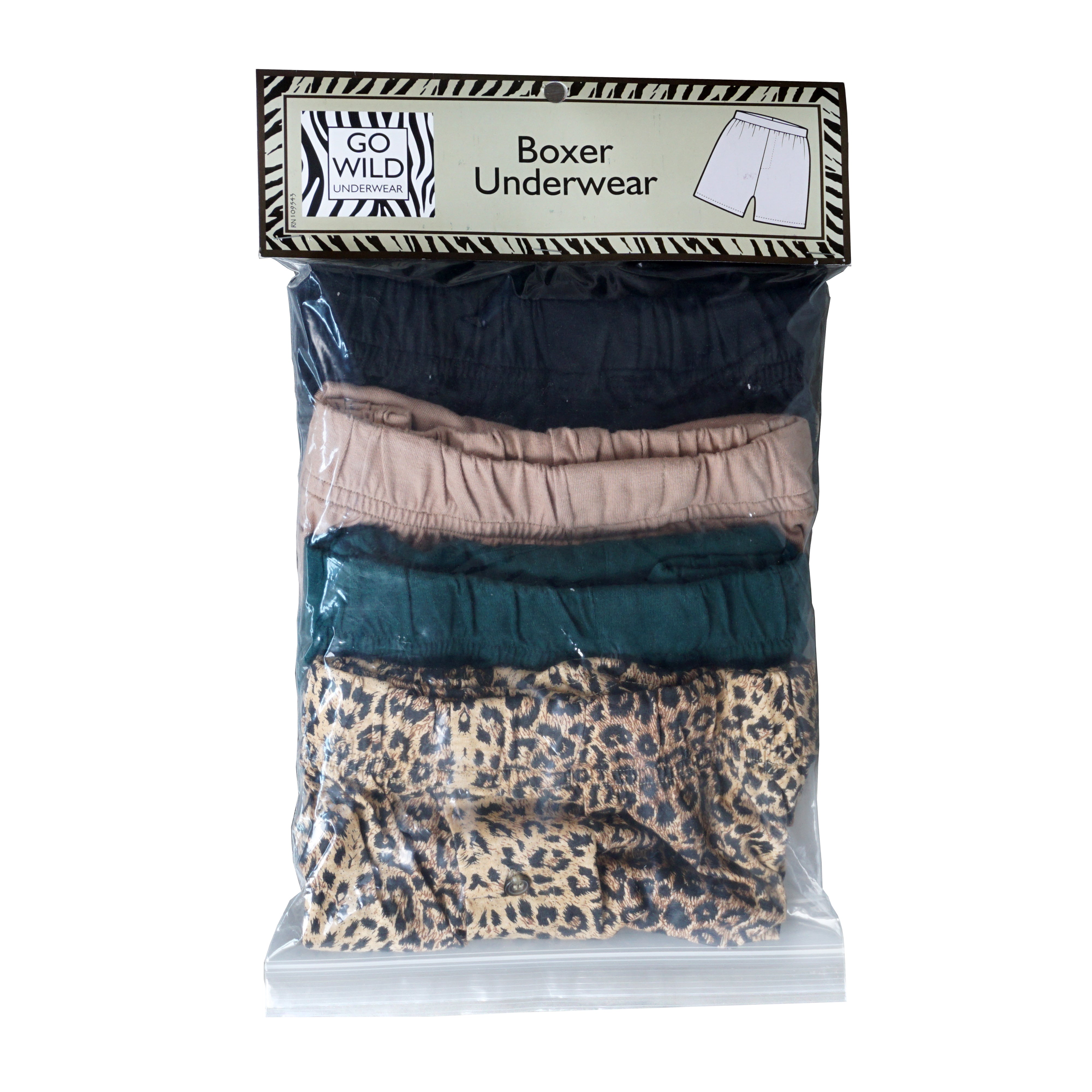 Front view of four pairs of Go Wild Boxers, one Black, one Tan, one Green, and one Leopard Print. Each have an elastic waistband, a buttoned front fly, and a Tag Buffalo label on the bottom front of the left leg. 100% cotton.--4