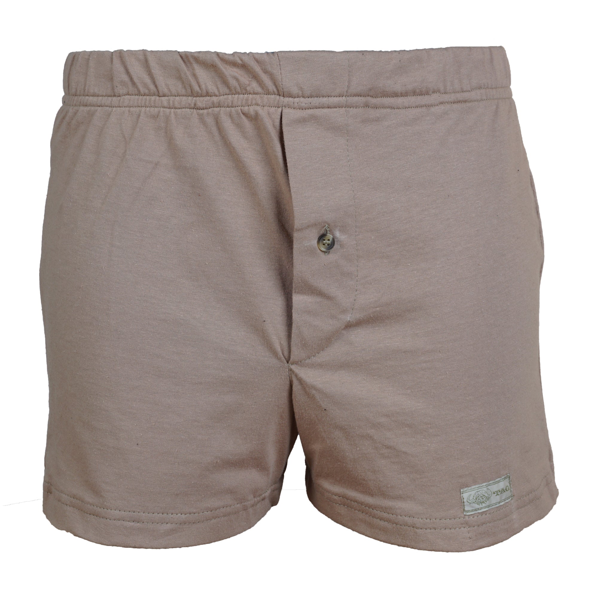 Front view of a pair of Go Wild Boxers, color Tan. The boxers have an elastic waistband, a buttoned front fly, and a Tag Buffalo label on the bottom front of the left leg. 100% cotton.--5