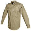 Side view of a Men's Trail Shirt with Buffalo Logo in Long Sleeves, color Khaki. The shirt has two flap-covered chest pockets with an embroidered Tag buffalo logo above the left pocket, button-down collars, functional cross-stitched shoulder straps, a button-front placket, double stitching throughout, and long rounded tails for tucking into pants. 100% cotton.