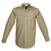 Front view of a Men's Trail Shirt with Buffalo Logo in Long Sleeves, color Khaki. The shirt has two flap-covered chest pockets with an embroidered Tag buffalo logo above the left pocket, button-down collars, functional cross-stitched shoulder straps, a button-front placket, double stitching throughout, and long rounded tails for tucking into pants. 100% cotton.