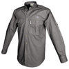 Side view of a Men's Trail Shirt with Buffalo Logo in Long Sleeves, color Olive. The shirt has two flap-covered chest pockets with an embroidered Tag buffalo logo above the left pocket, button-down collars, functional cross-stitched shoulder straps, a button-front placket, double stitching throughout, and long rounded tails for tucking into pants. 100% cotton.