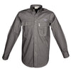 Front view of a Men's Trail Shirt with Buffalo Logo in Long Sleeves, color Olive. The shirt has two flap-covered chest pockets with an embroidered Tag buffalo logo above the left pocket, button-down collars, functional cross-stitched shoulder straps, a button-front placket, double stitching throughout, and long rounded tails for tucking into pants. 100% cotton.