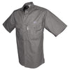 Side view of a Men's Trail Shirt with Buffalo Logo in Short Sleeves, color Olive. The shirt has two flap-covered chest pockets with an embroidered Tag buffalo logo above the left pocket, button-down collars, functional cross-stitched shoulder straps, a button-front placket, double stitching throughout, and long rounded tails for tucking into pants. 100% cotton.
